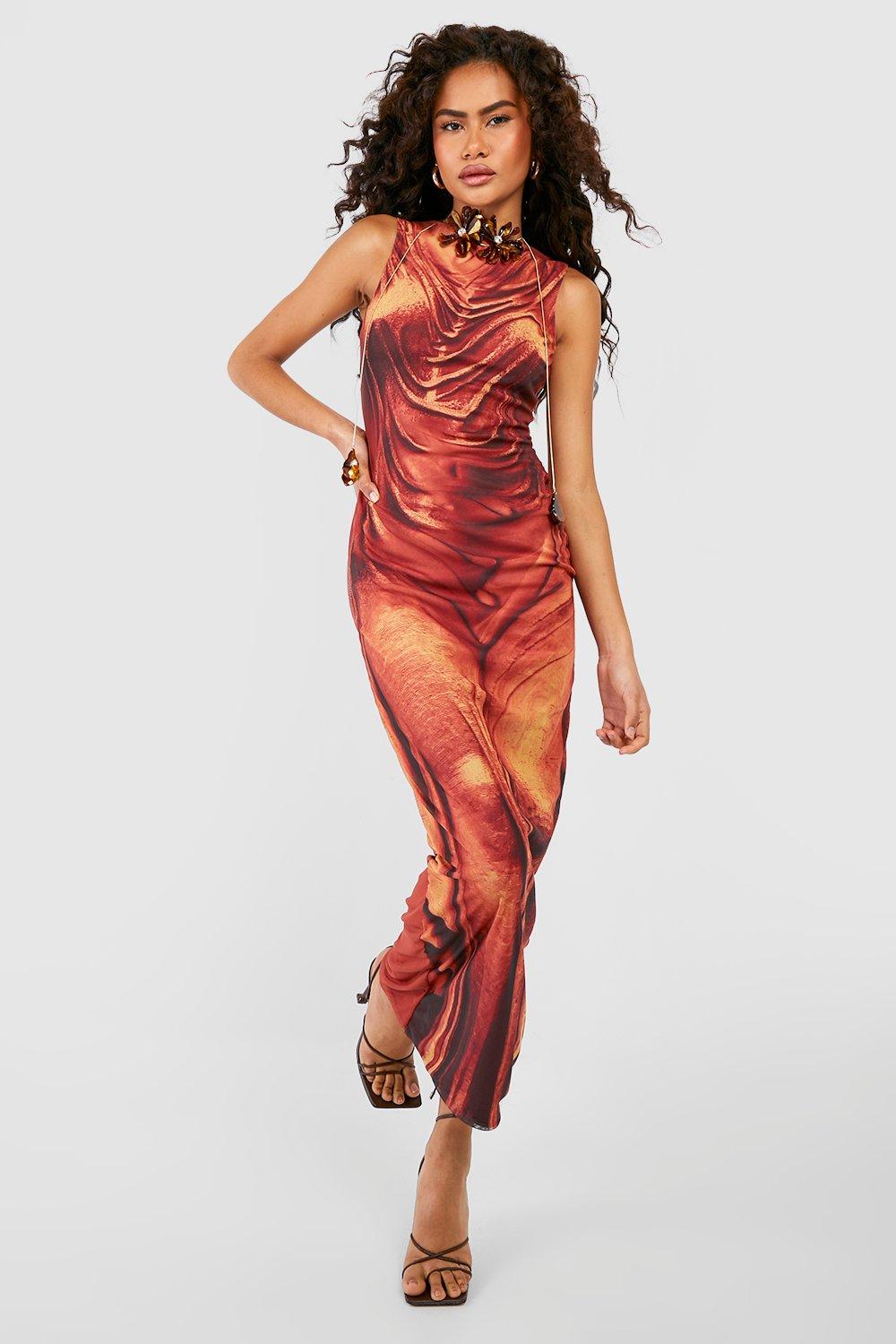 Body Print Mesh Maxi Dress