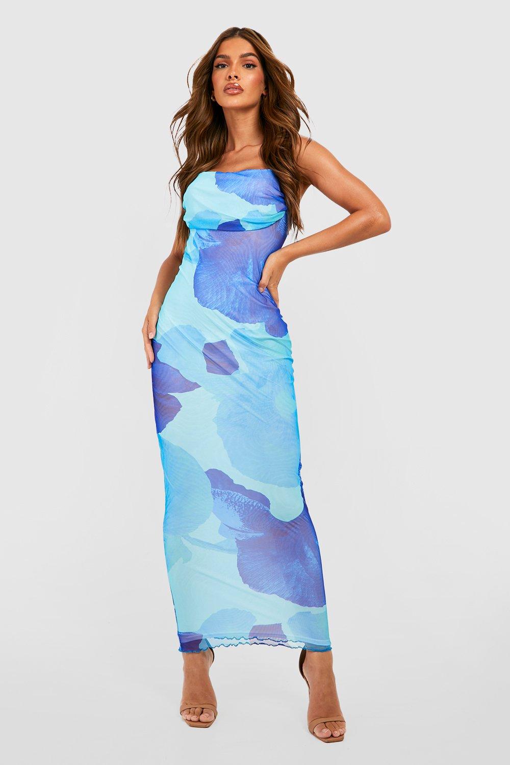 Abstract Floral Print Mesh Maxi Slip Dress