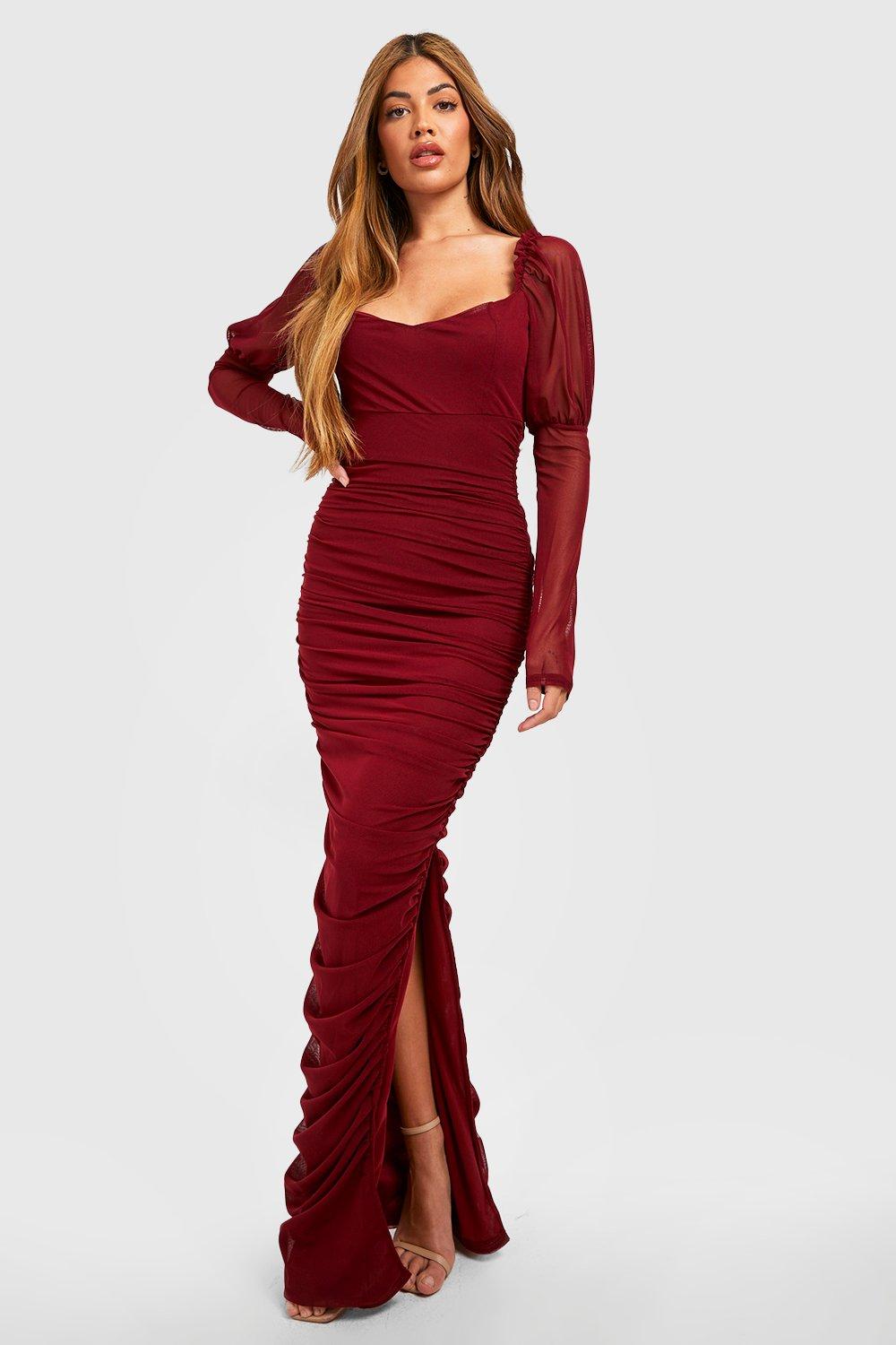 Mesh Square Neck Ruched Maxi Dress