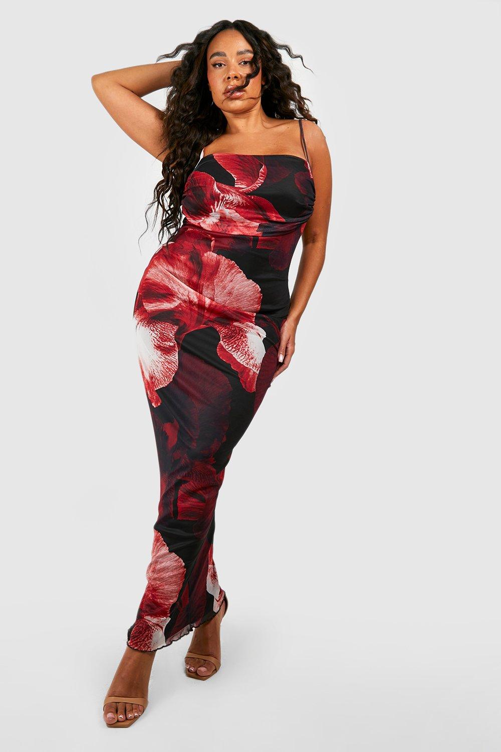 Plus Abstract Floral Print Mesh Maxi Slip Dress