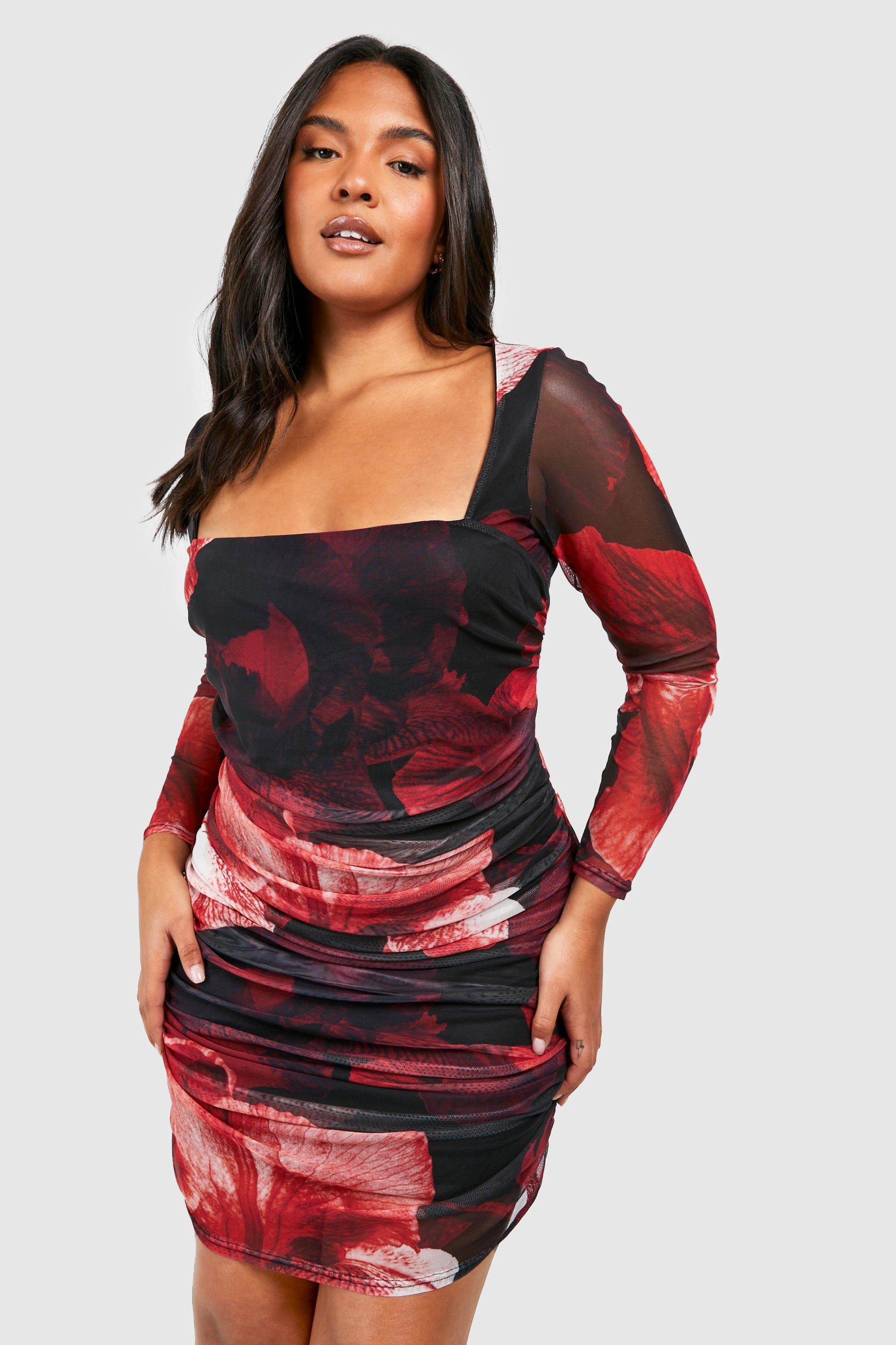 Plus Abstract Floral Print Mesh Bodycon Dress