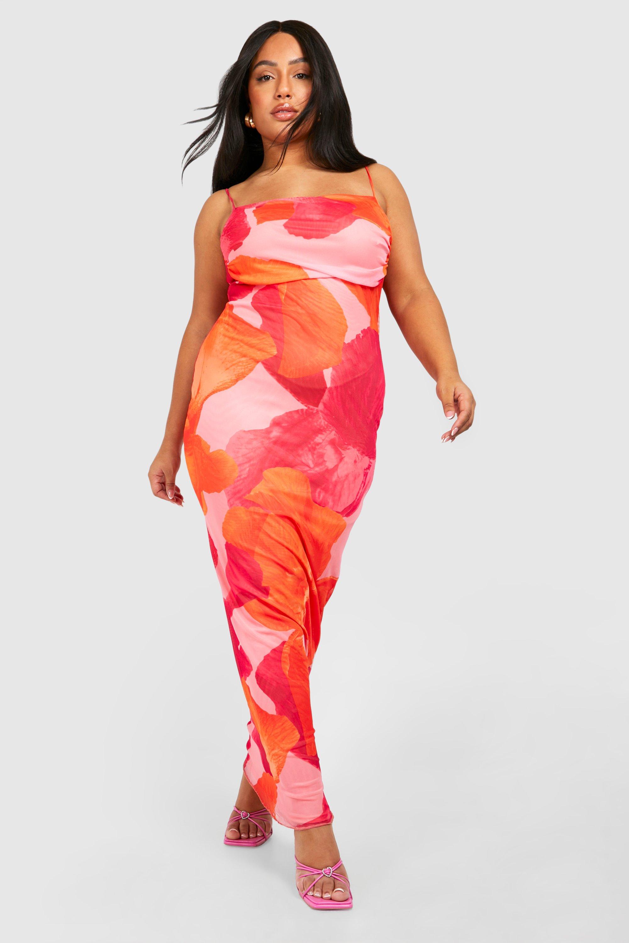 Plus Abstract Floral Print Mesh Maxi Slip Dress