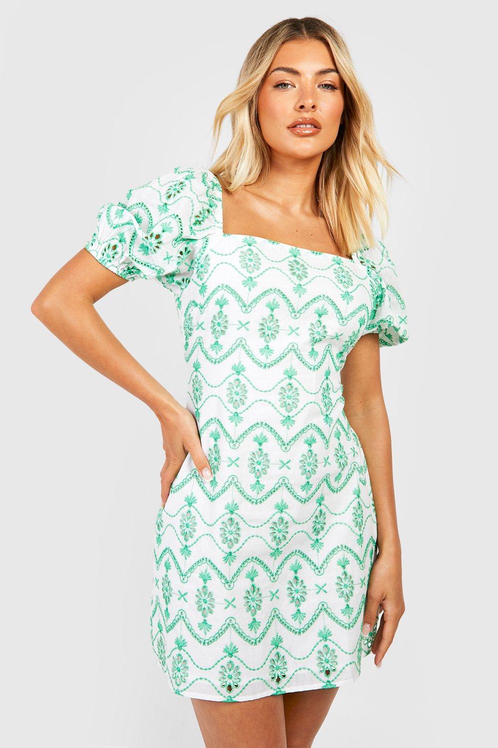 Puff Sleeve Printed Broderie Shift Dress