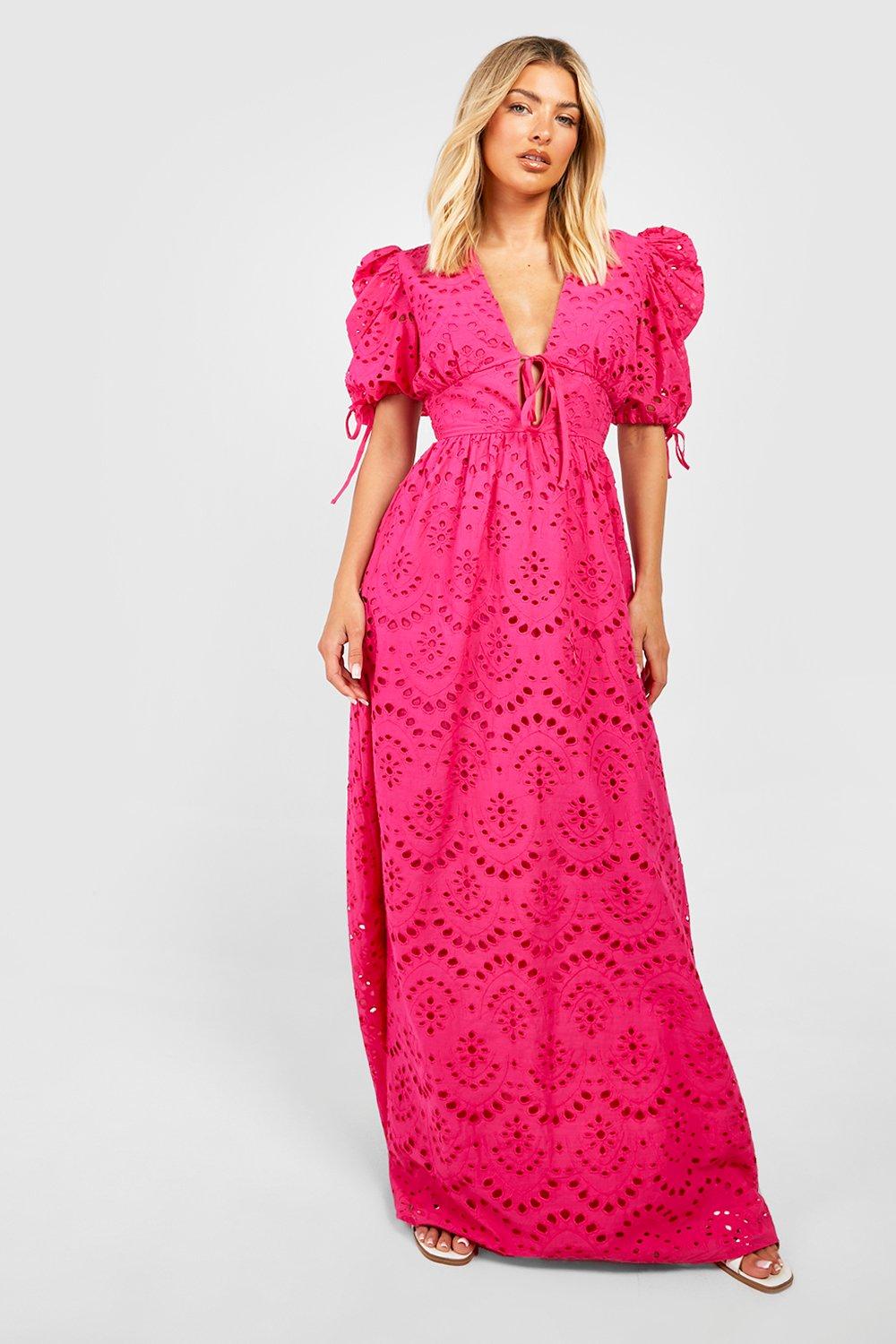 Broderie Puff Sleeve Tie Front Maxi Dress