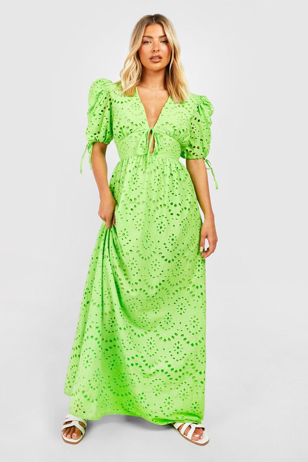 Broderie Puff Sleeve Tie Front Maxi Dress