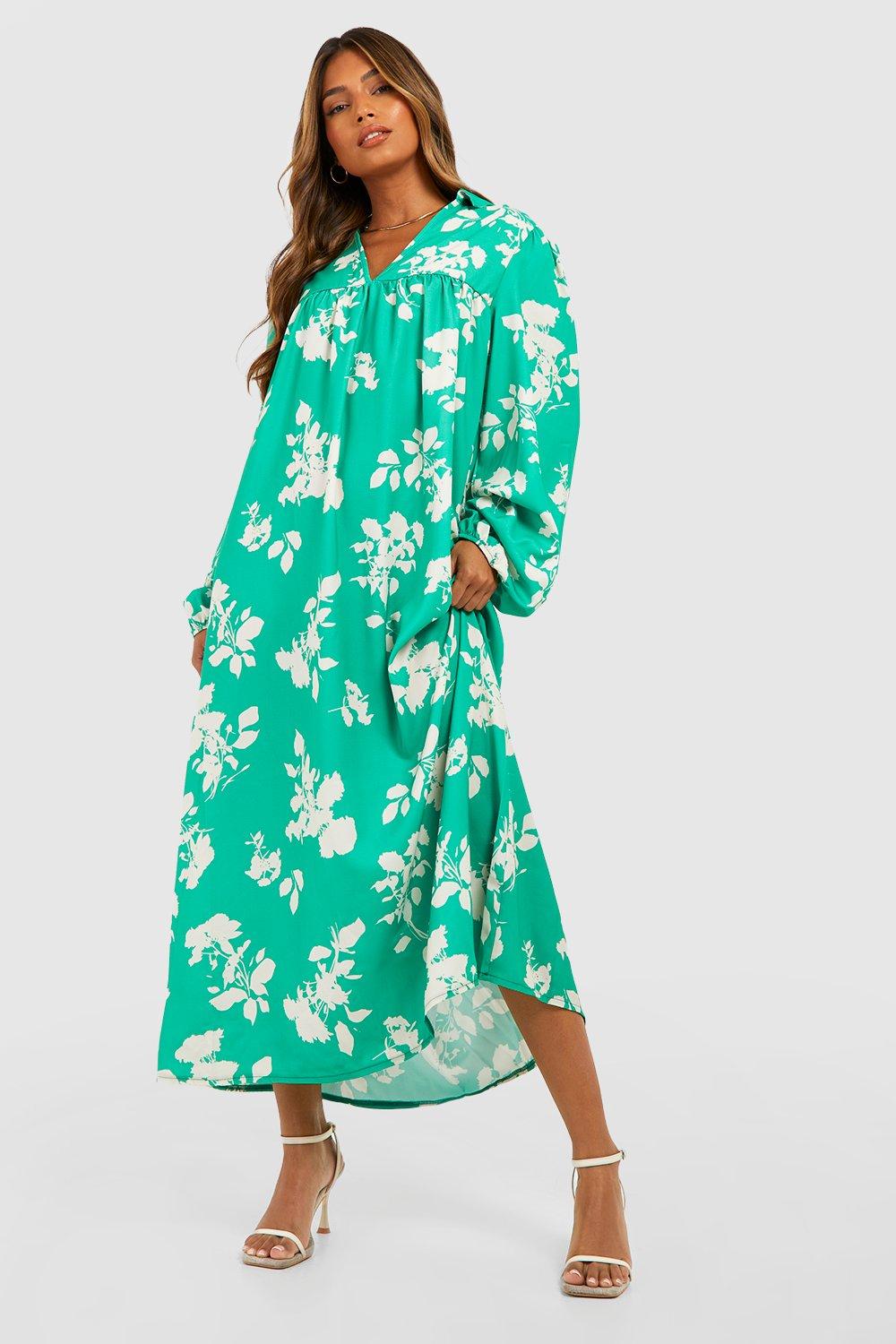 Floral Print Blouson Sleeve Midaxi Smock Dress