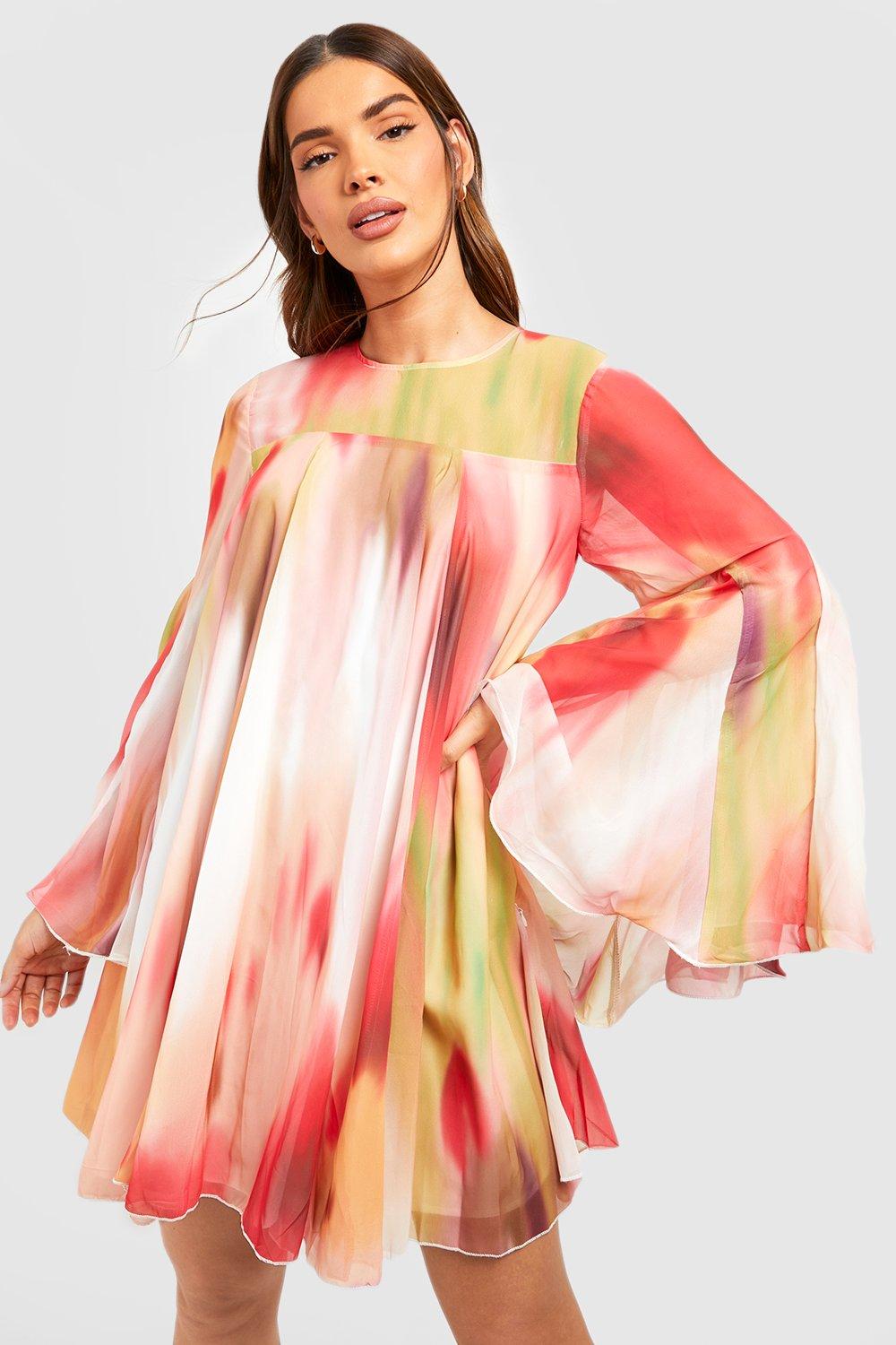 Abstract Flared Sleeve Smock Dress