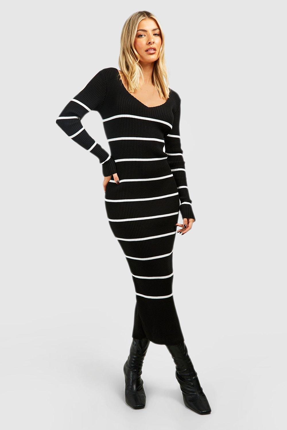 Long Sleeve Stripe Midi Knit Dress