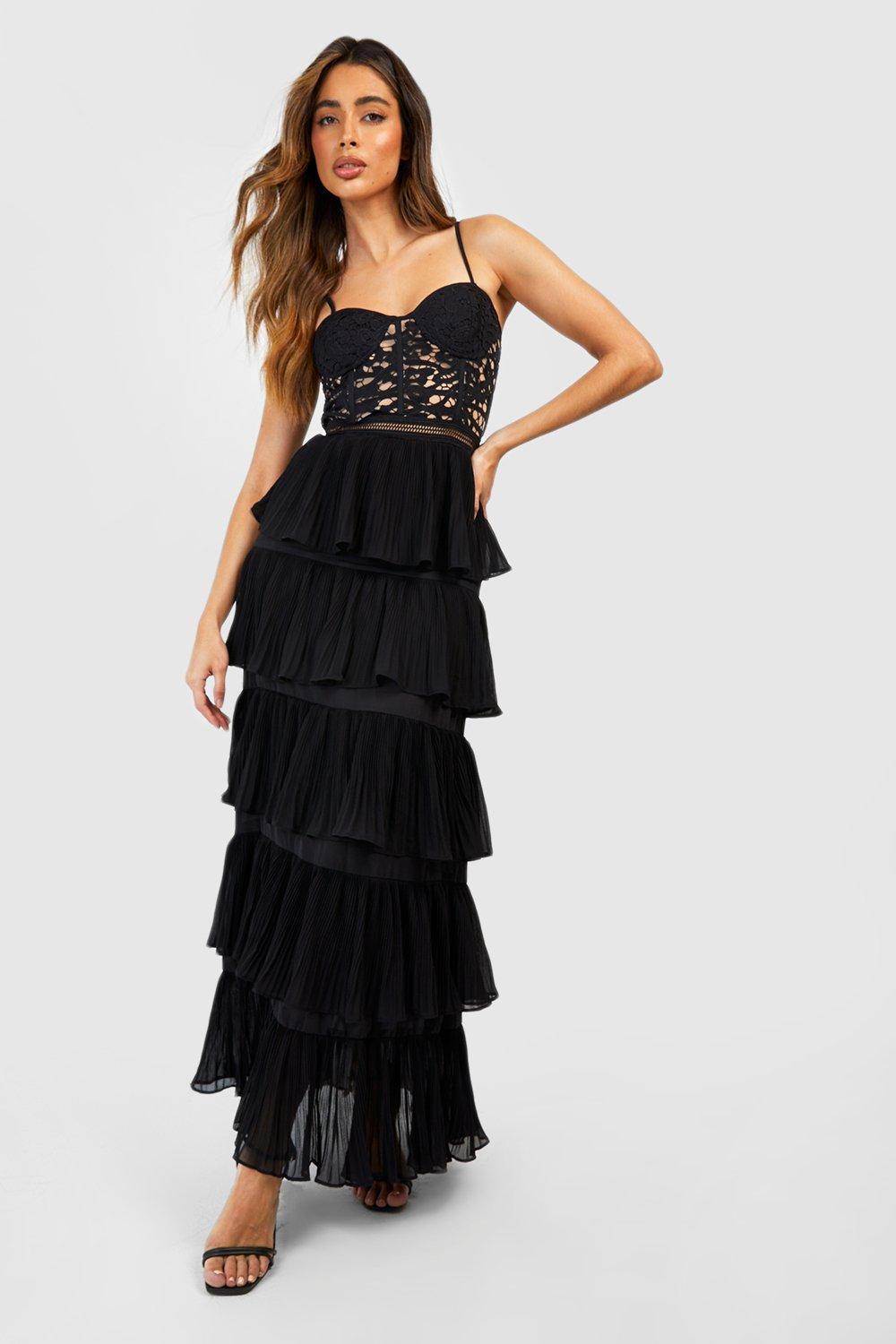 Lace Corset Detail Pleated Maxi Dress