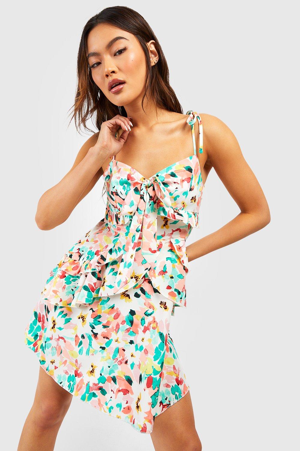 Floral Tiered Ruffle Tie Detail Swing Dress