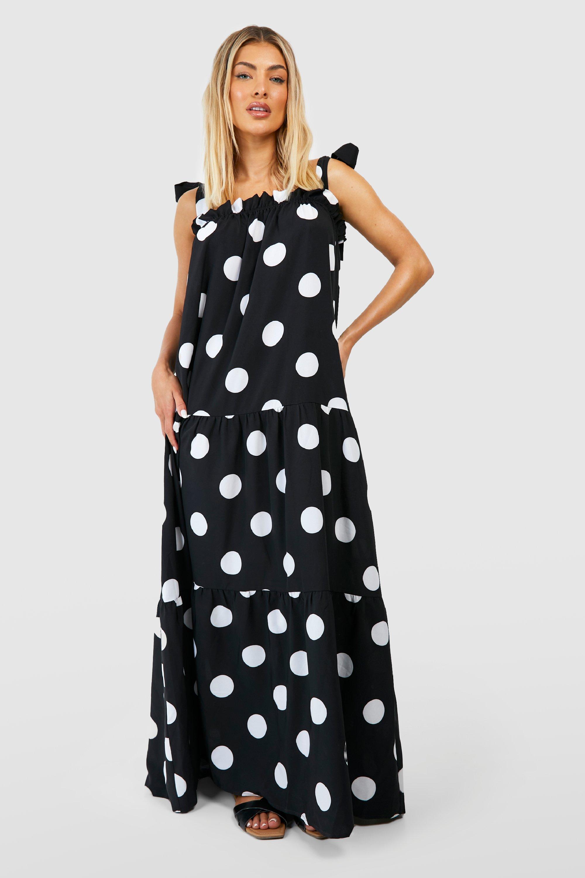 Oversized Polka Dot Shirred Maxi Dress