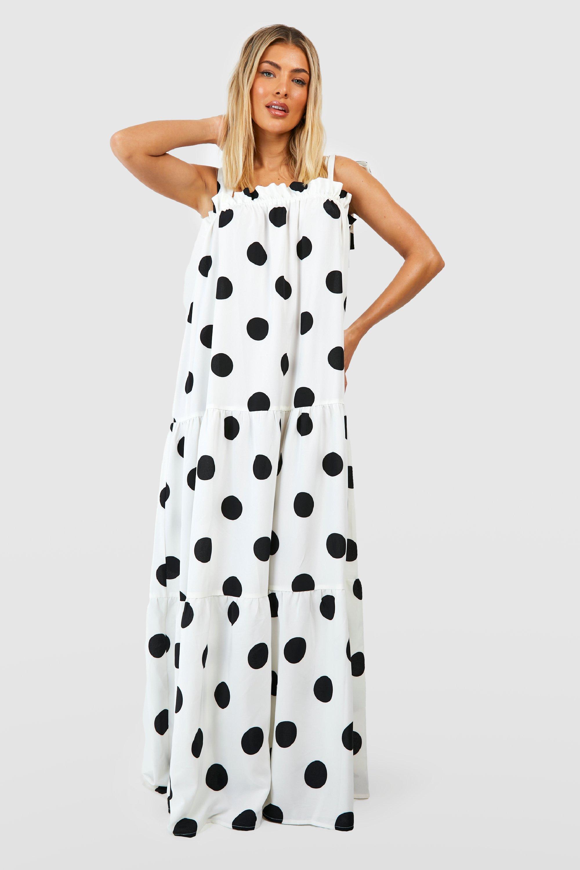 Oversized Polka Dot Shirred Maxi Dress