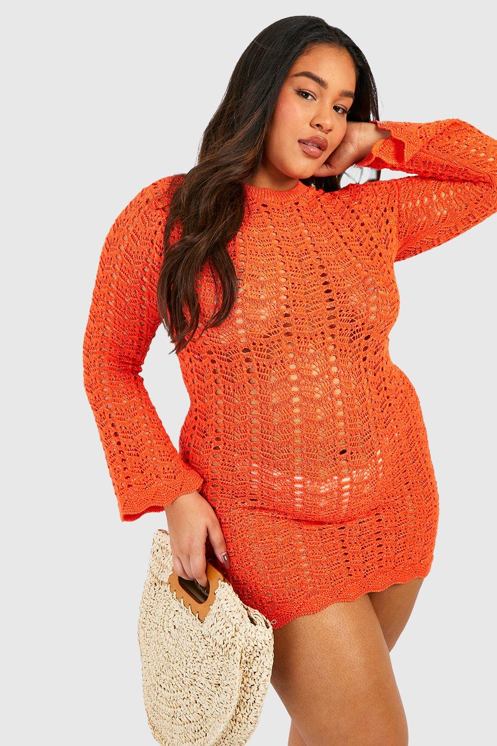 Plus Crochet Metallic Flare Sleeve Beach Dress
