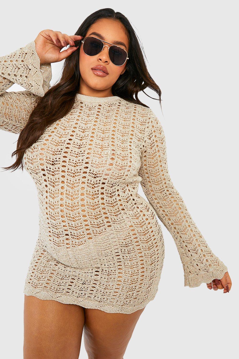 Plus Crochet Metallic Flare Sleeve Beach Dress