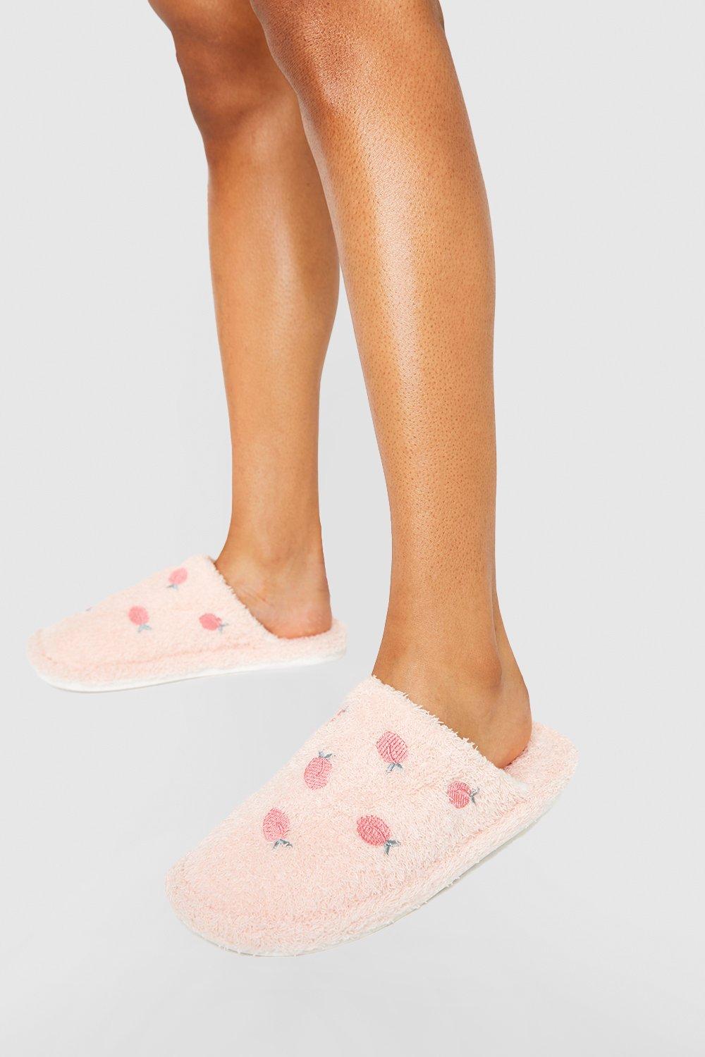 Peach Embroidery Open Toe Slippers