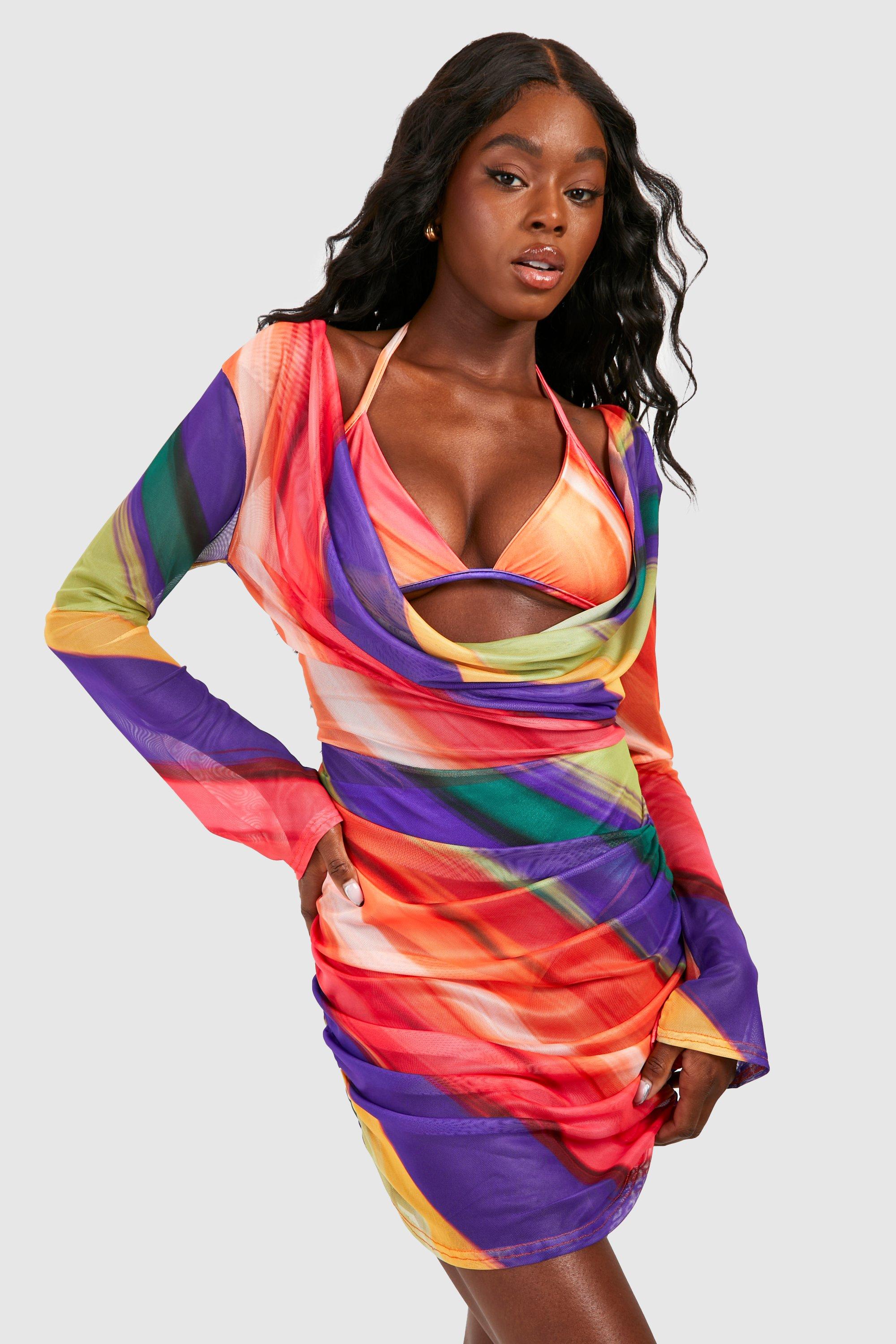 Abstract Stripe Cowl Neck Mesh Beach Dress