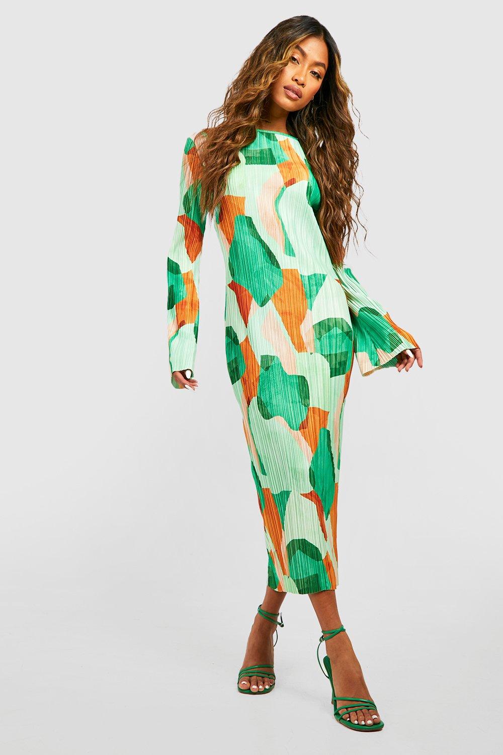 Abstract Printed Plisse Midi Dress