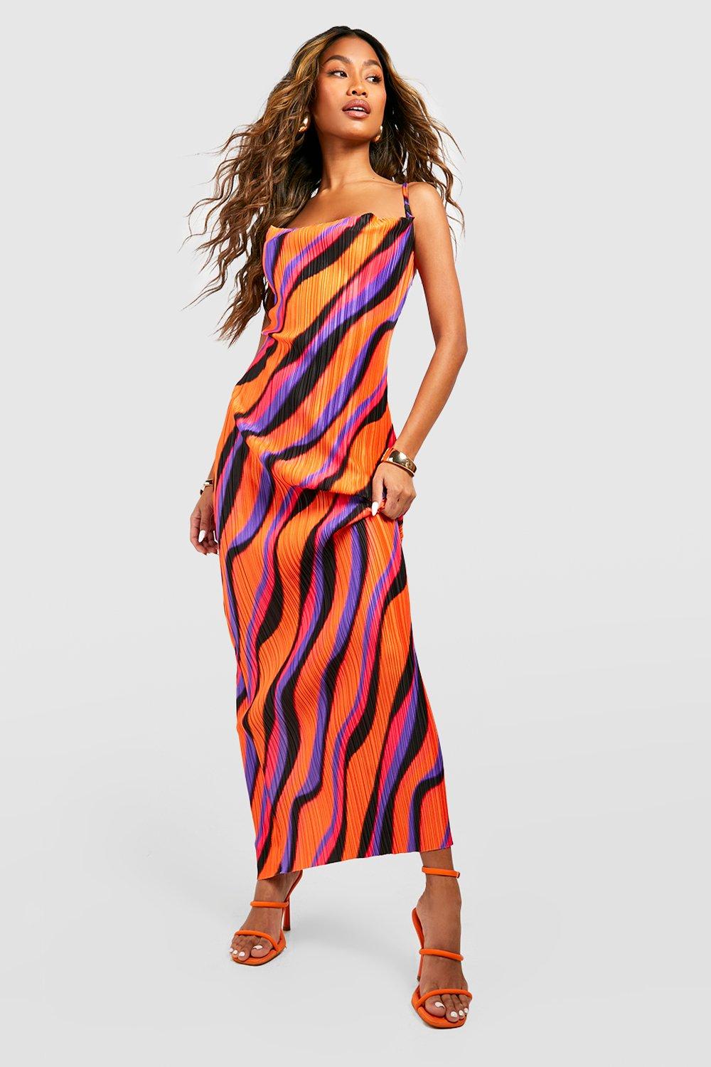 Abstract Printed Plisse Cowl Maxi Dress