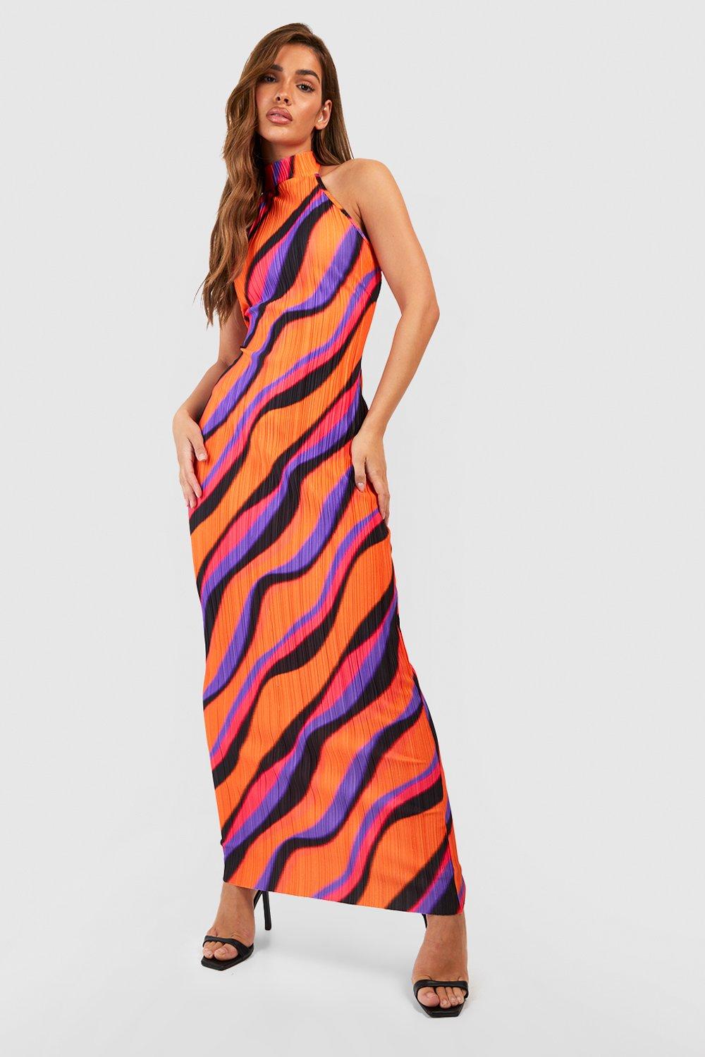 Abstract Printed Plisse Halterneck Maxi Dress
