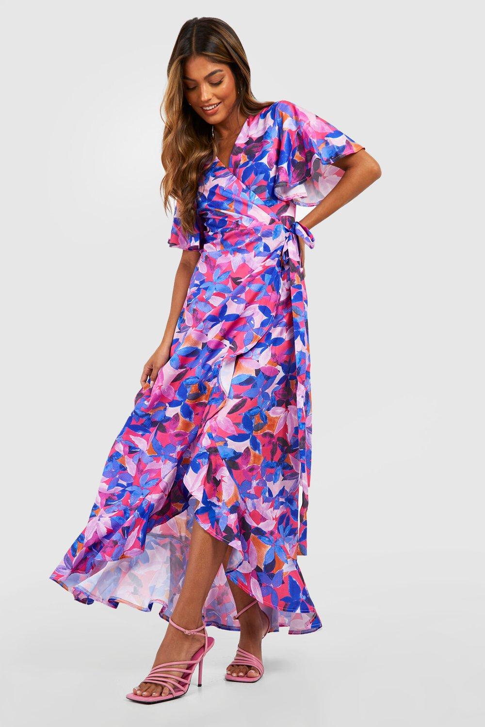 Floral Angel Sleeve Wrap Maxi Dress
