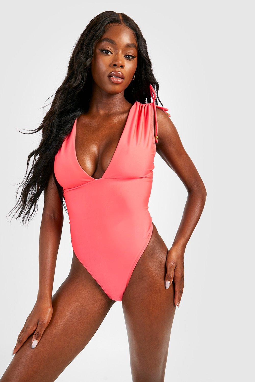 Beat Detail Ruched Plunge Swimsuit