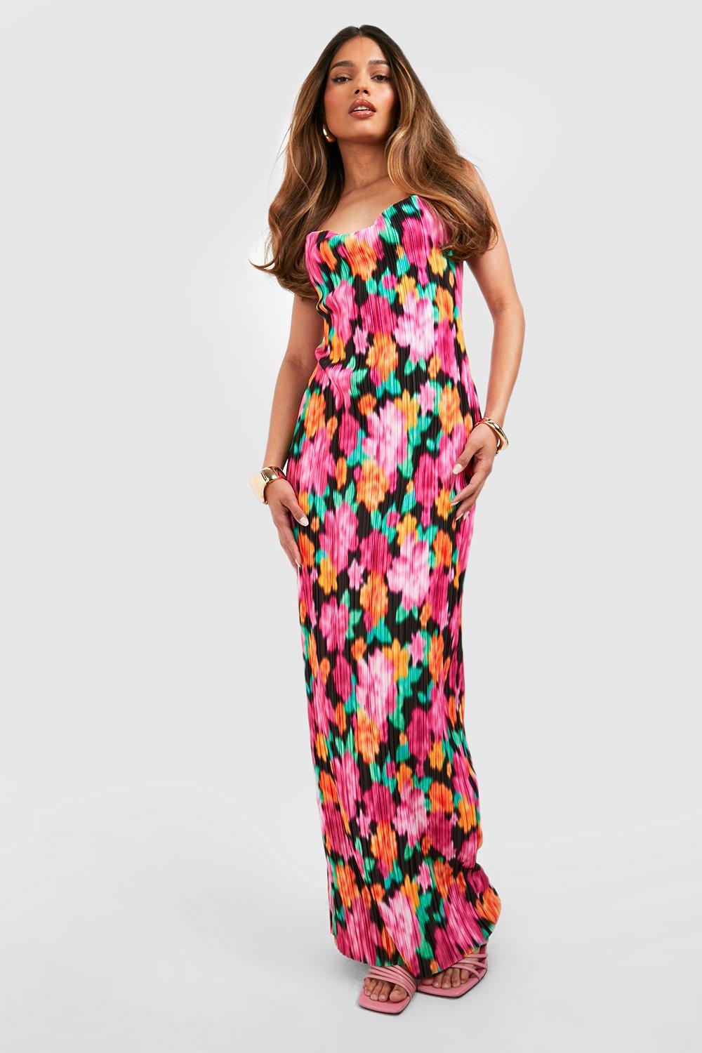 Blurred Floral Plisse Maxi Dress