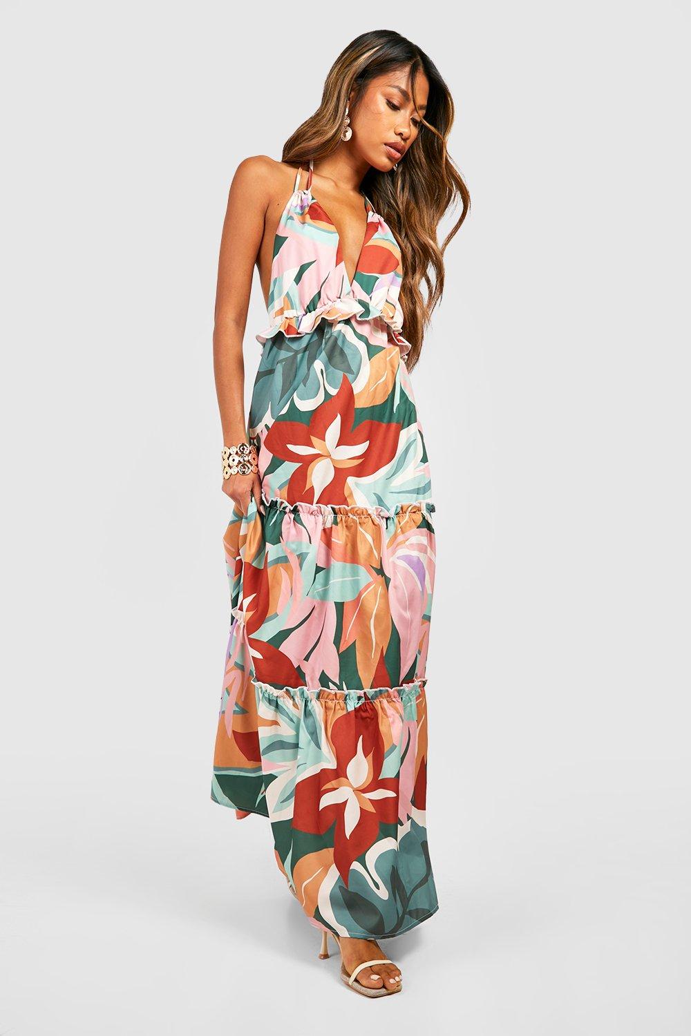 Tropical Print Tiered Maxi Dress