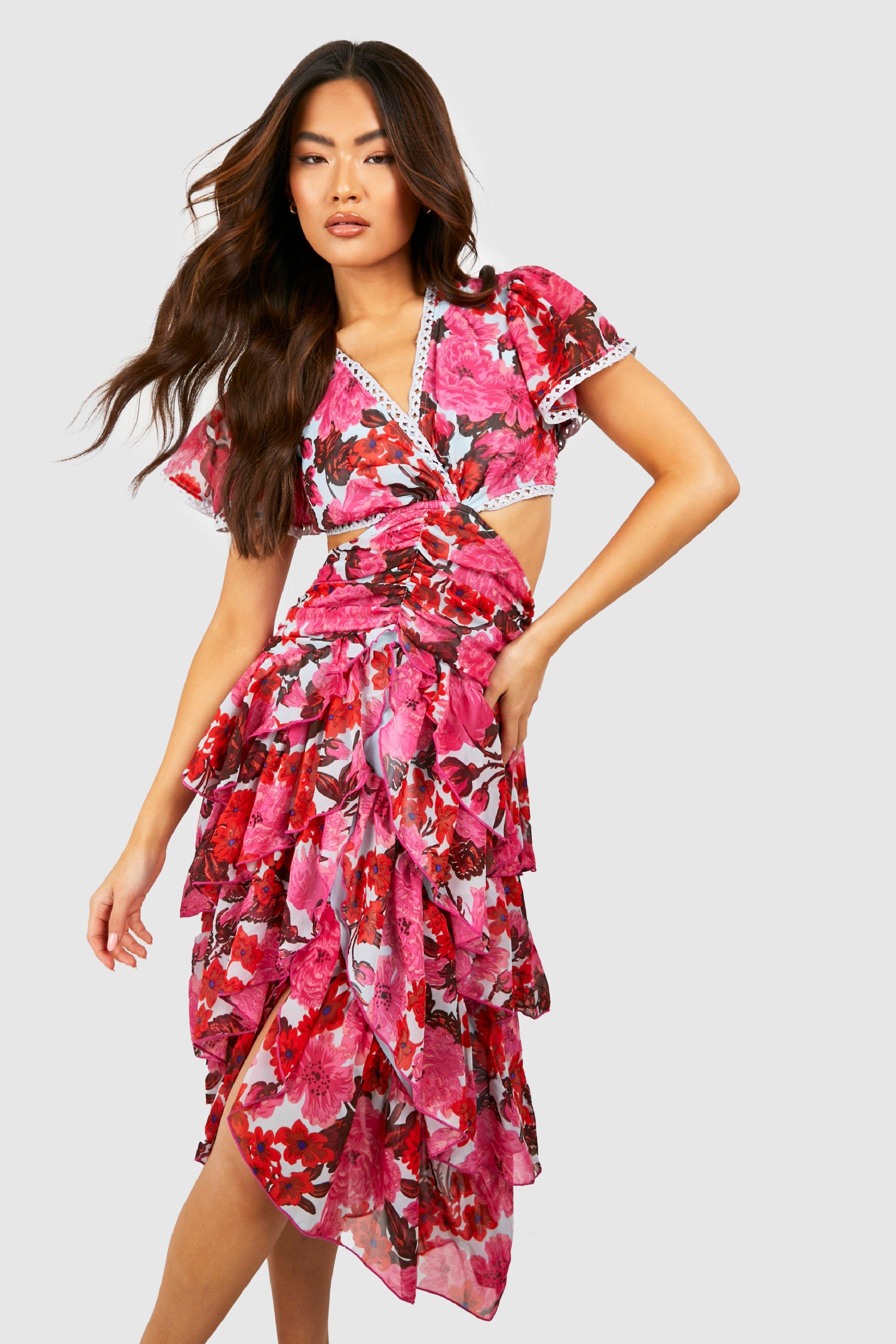 Floral Cut Out Ruffle Midi Dress