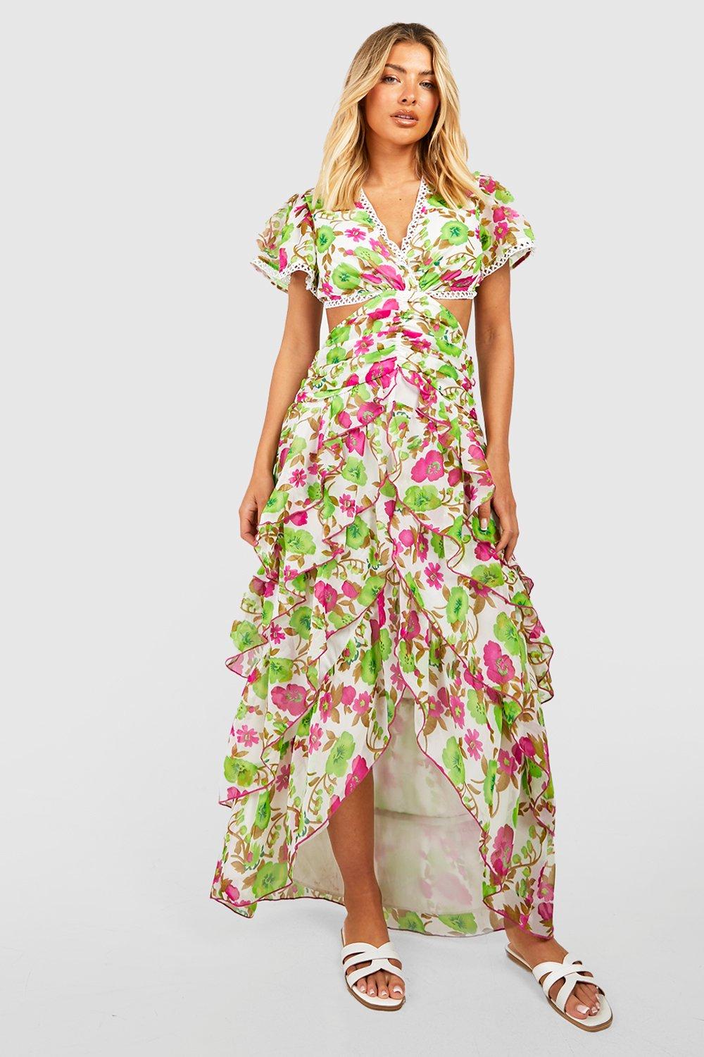 Floral Print Cut Out Midi Dress