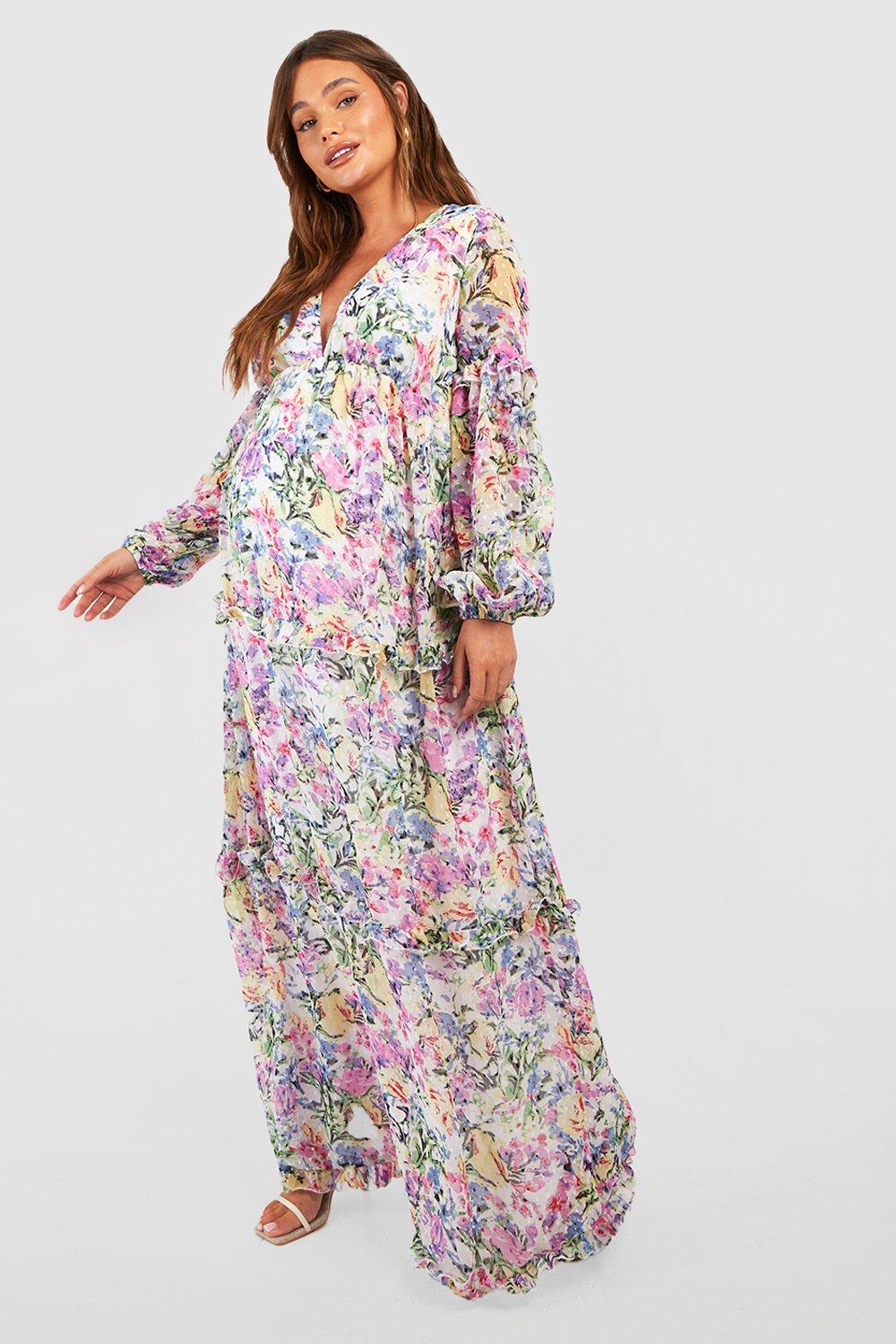 Maternity Floral Dobby Mesh Ruffle Midaxi Dress