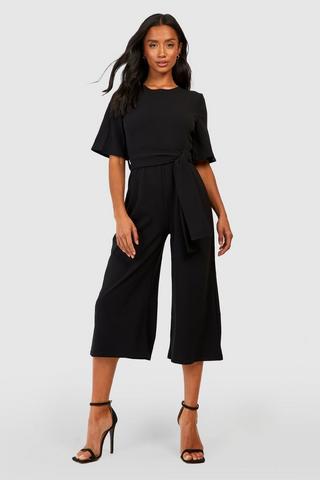 Black Petite Tropical Shirred Stretch Jumpsuit