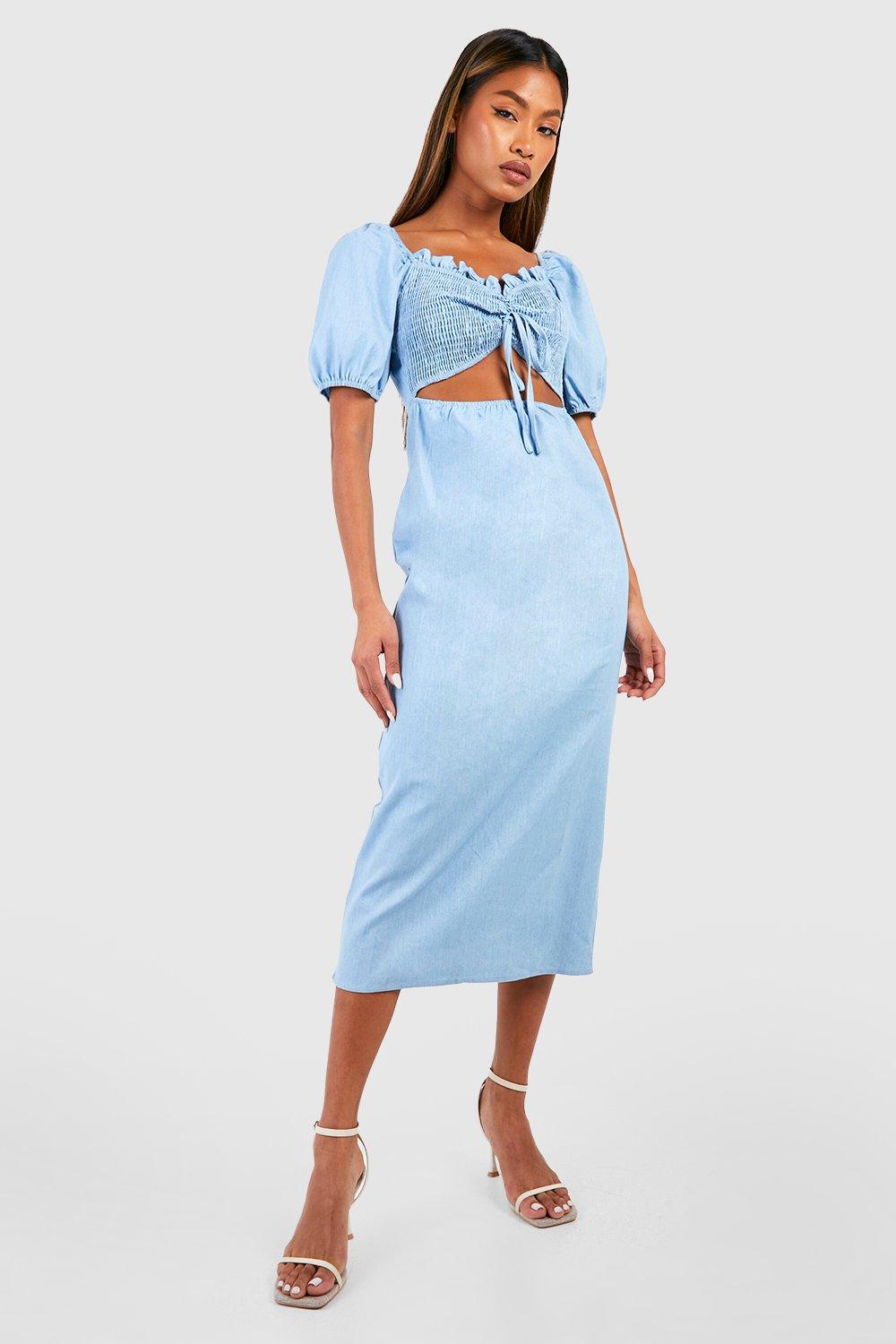 Puff Sleeve Ruched Front Chambray Midaxi Dress