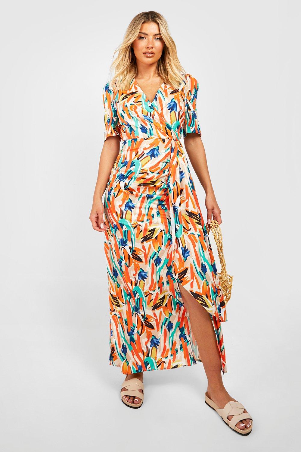 Abstract Puff Sleeve Wrap Dress