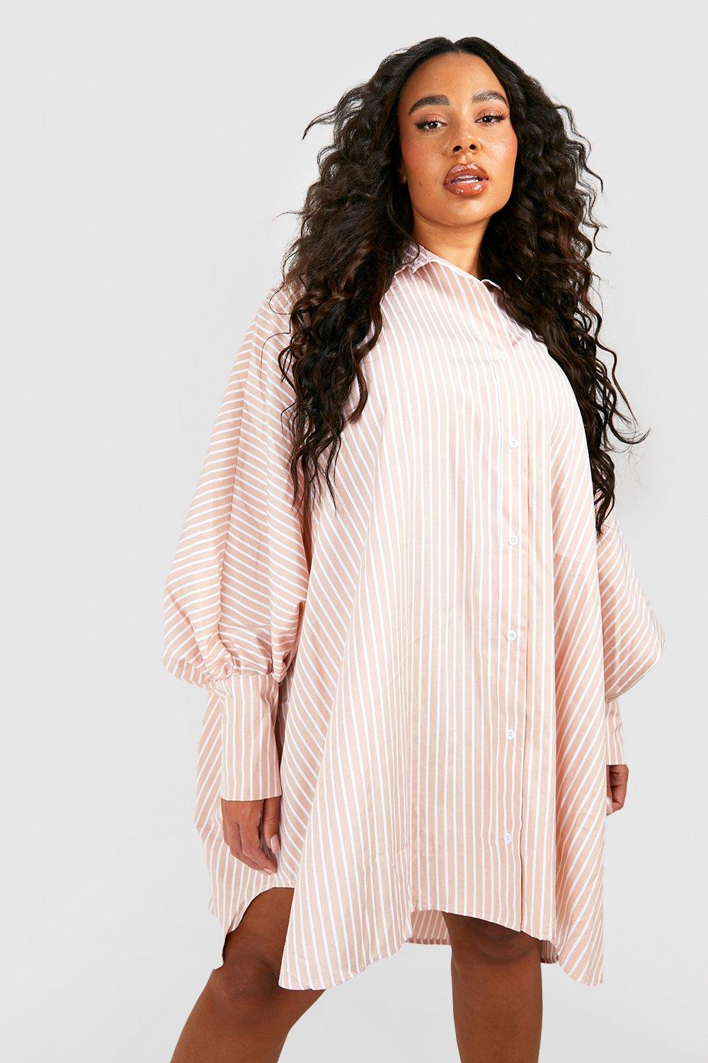 Plus Stripe Oversized Batwing Balloon Sleeve Shirt Dress