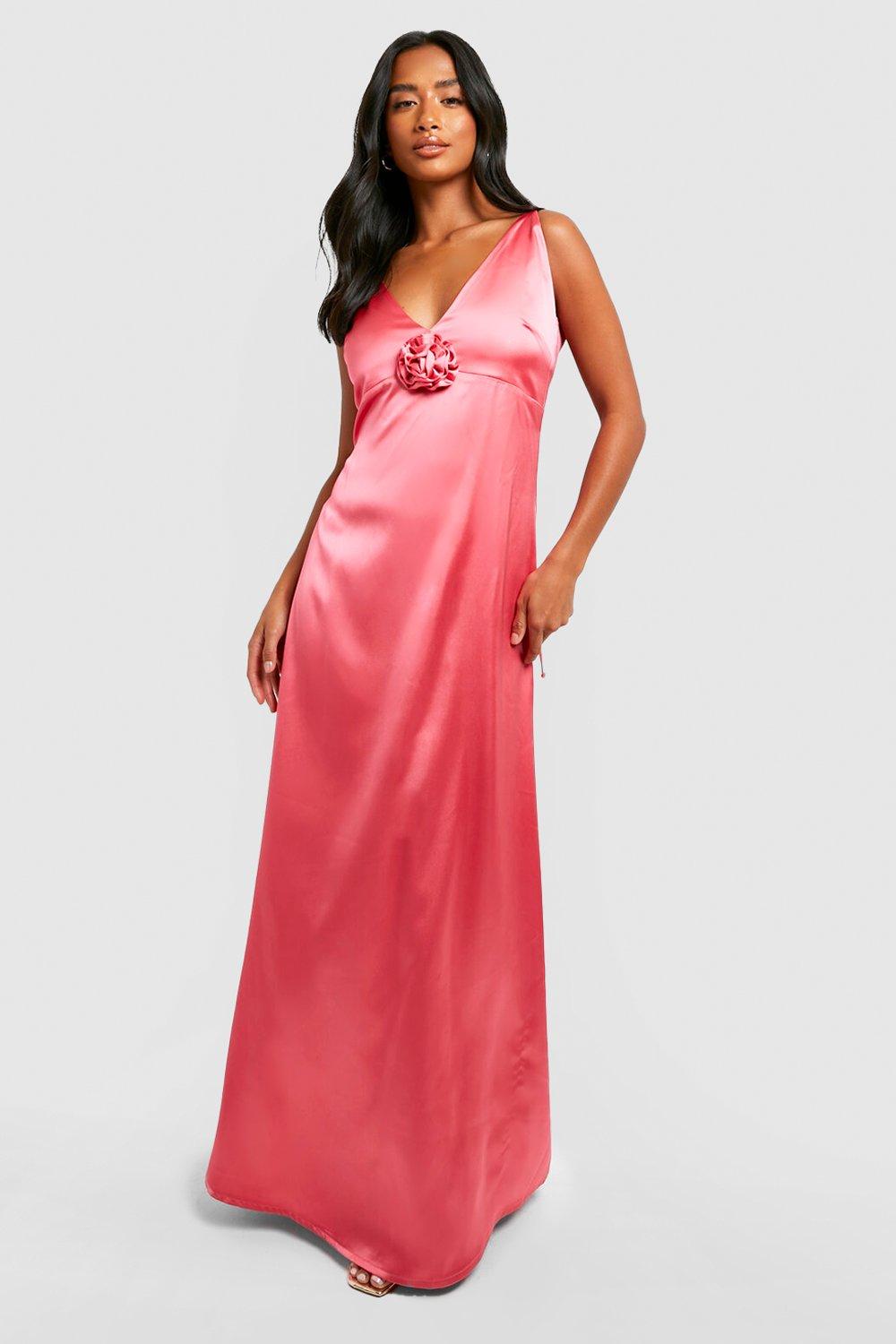 Petite Satin Occasion Rose Corsage Maxi Dress