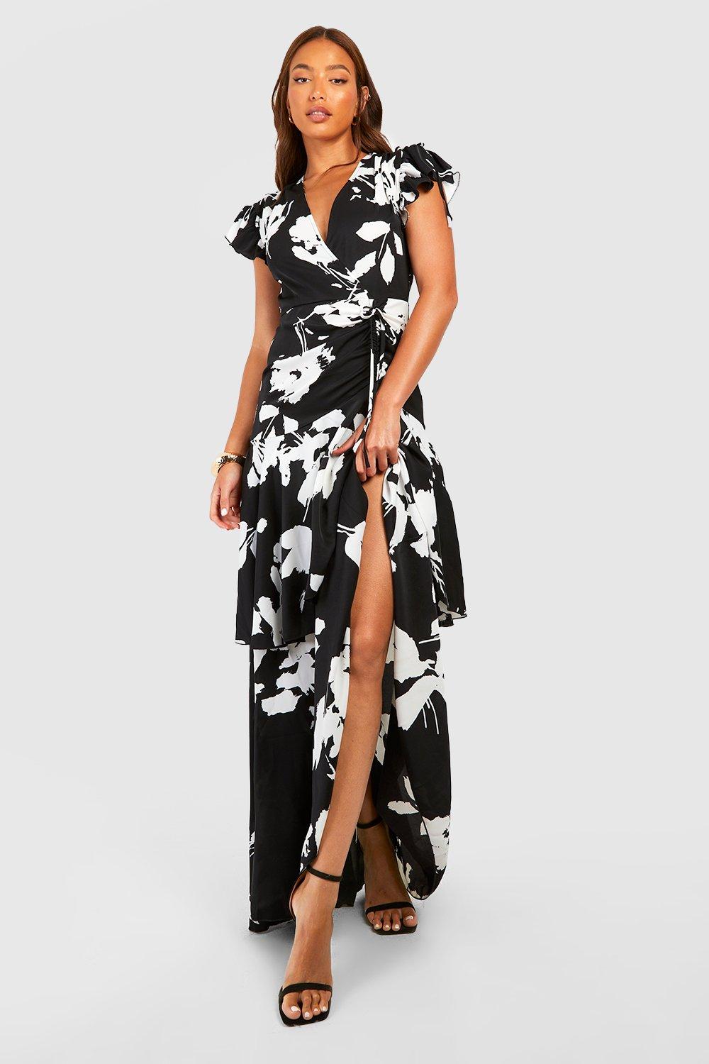 Tall Mono Floral Wrap Ruffle Ruched Angel Sleeve Dress