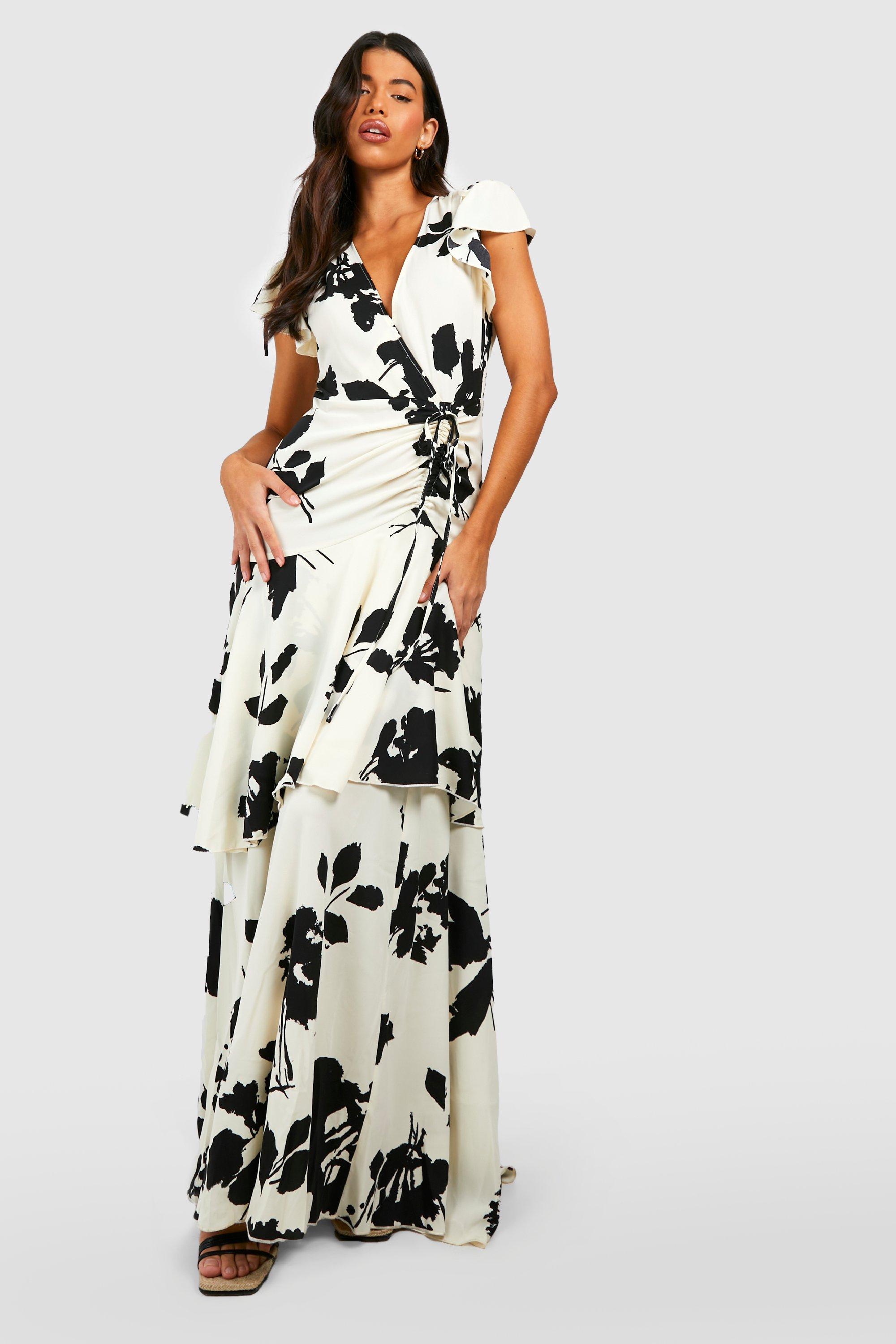 Tall Mono Floral Wrap Ruffle Ruched Angel Sleeve Dress