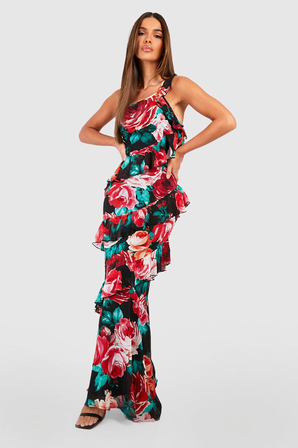 Floral Ruffle Asymmetric Maxi Dress