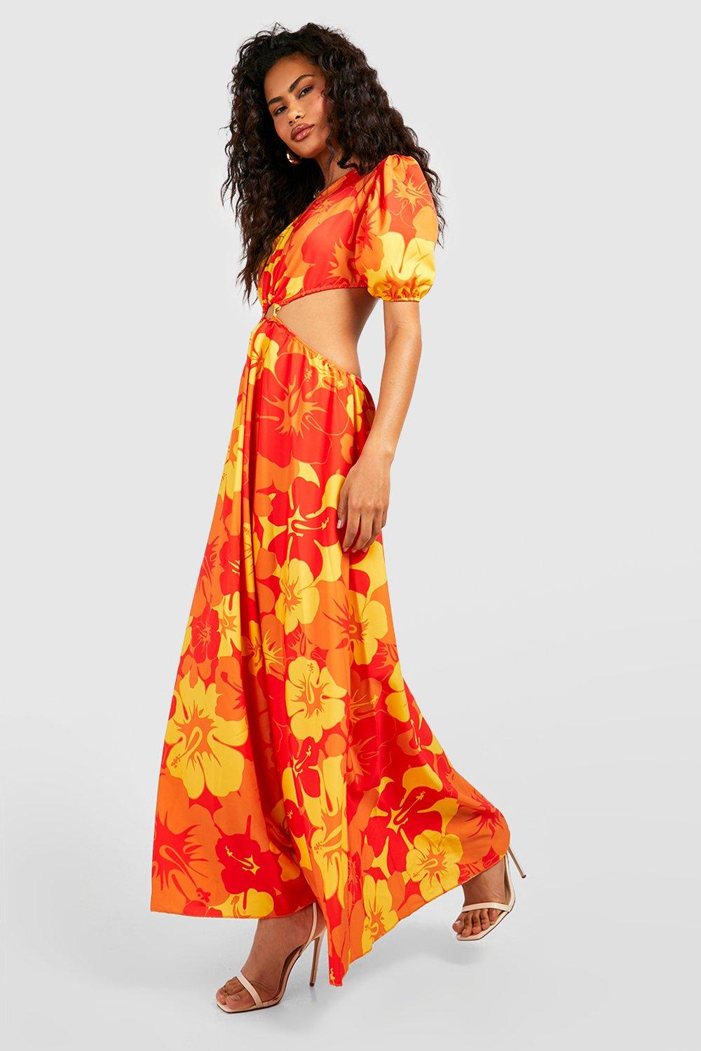 Ring Detail Floral Cut Out Maxi Dress