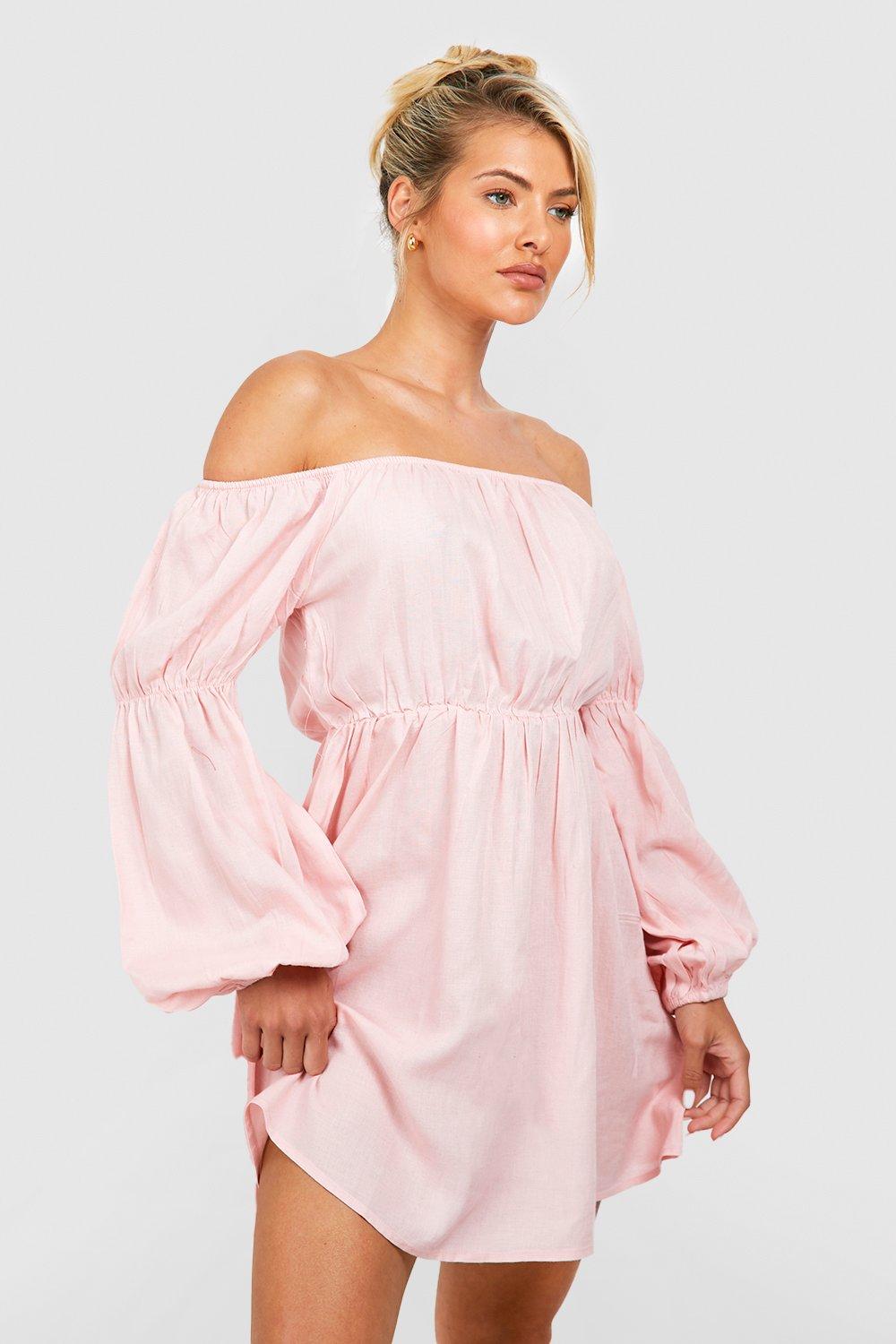 Linen Bardot Voluminous Sleeve Mini Beach Dress
