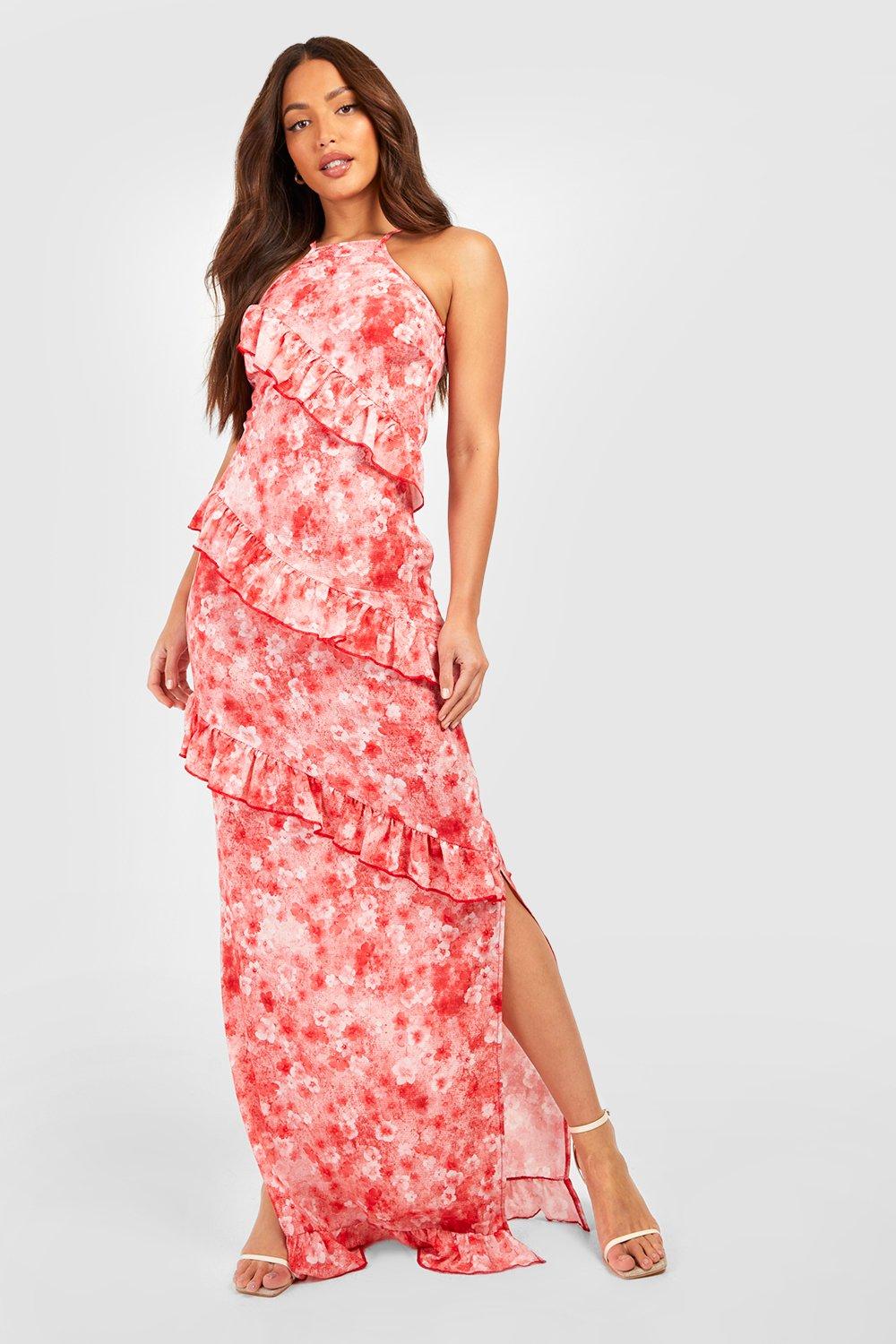 Tall Blurred Ditsy Floral Halter Neck Ruffle Maxi Dress