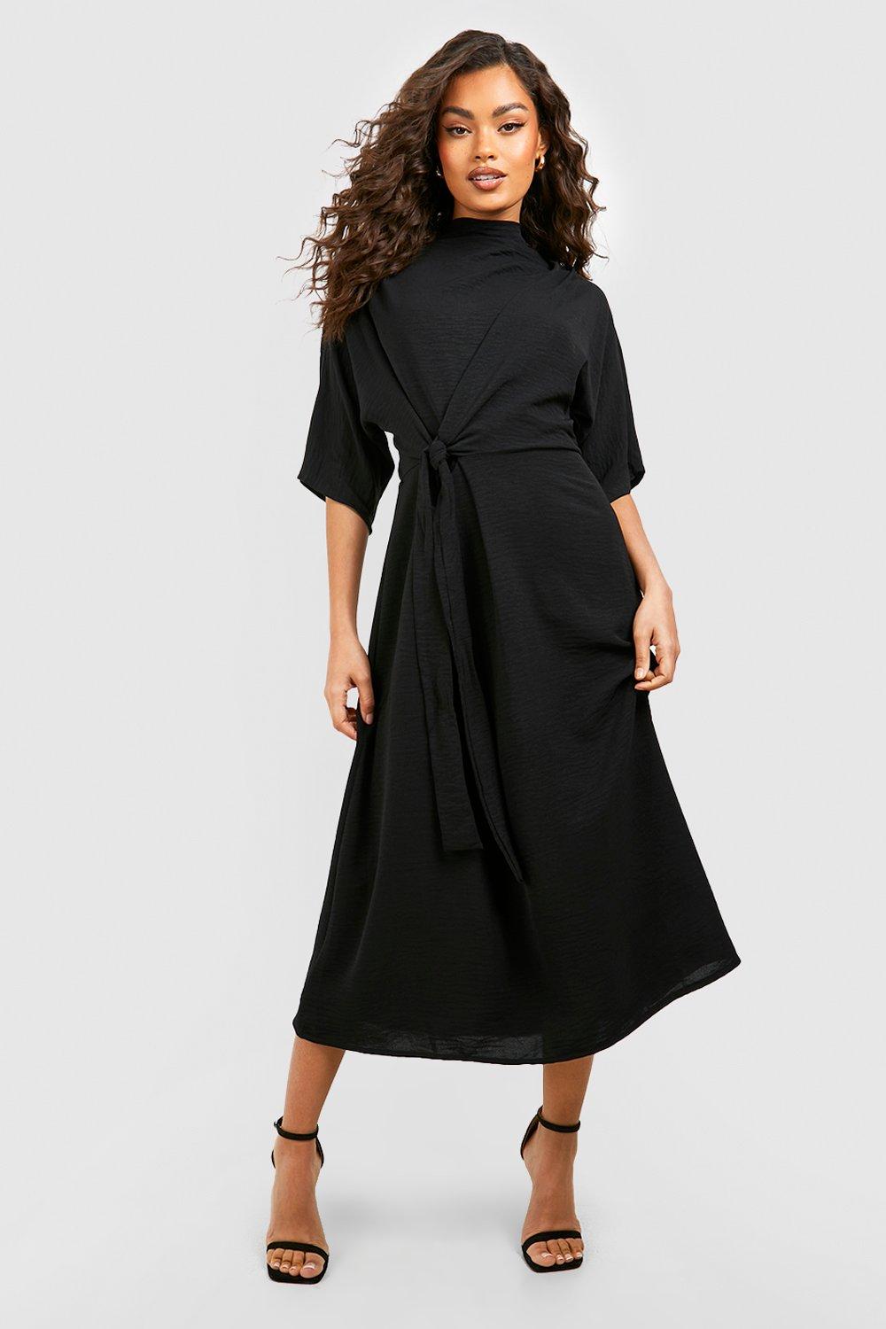 Hammered Knot Front Cowl Neck Midi Dress