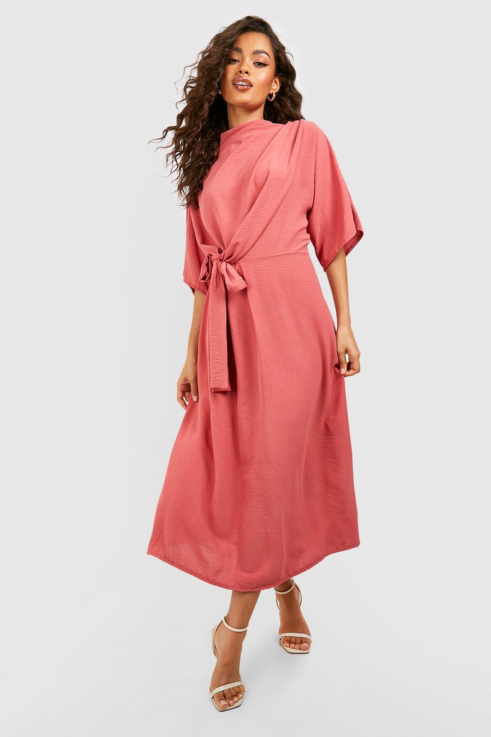 Hammered Knot Front Cowl Neck Midi Dress
