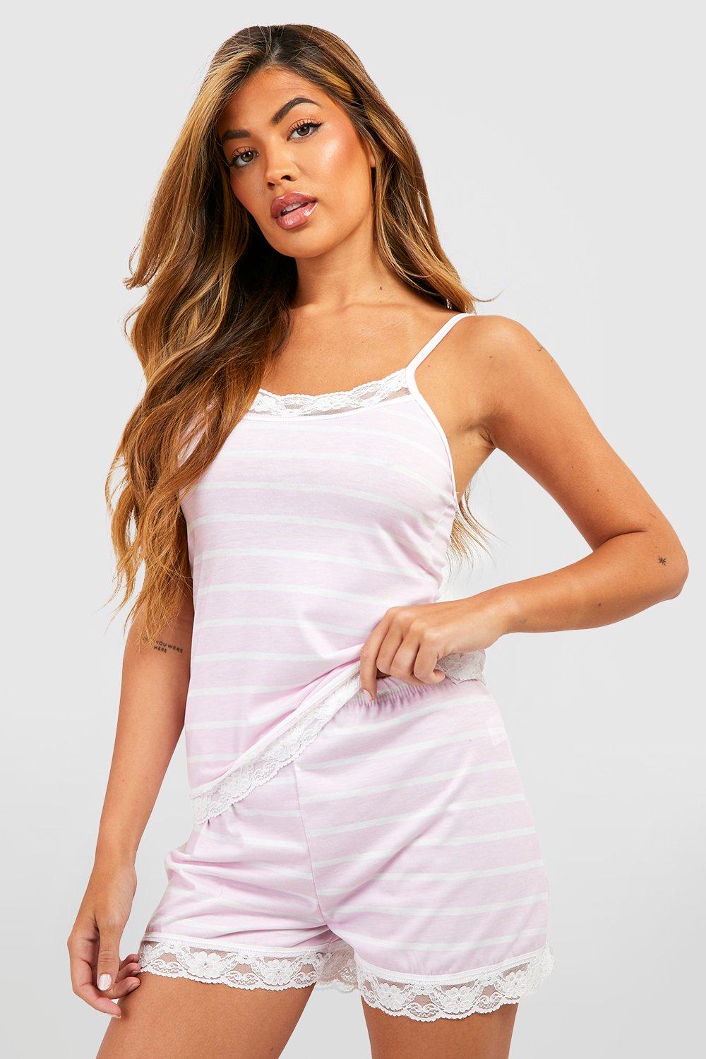 Stripe Lace Trim Jersey Cami & Short Pyjama Set
