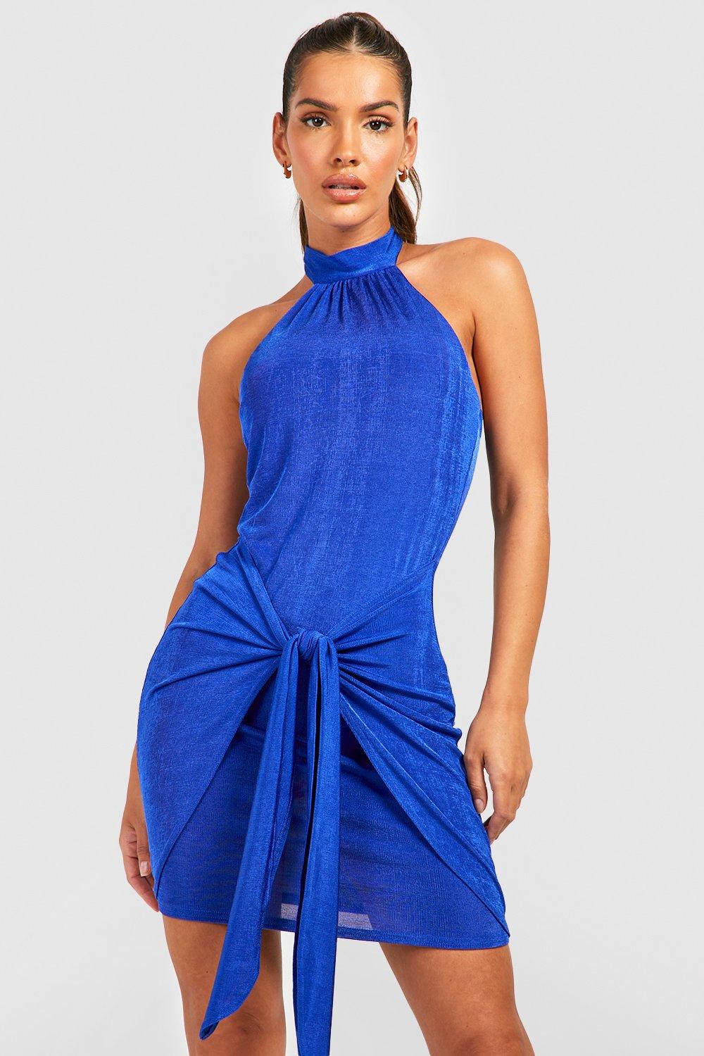 Textured Slinky Halter Draped Mini Dress