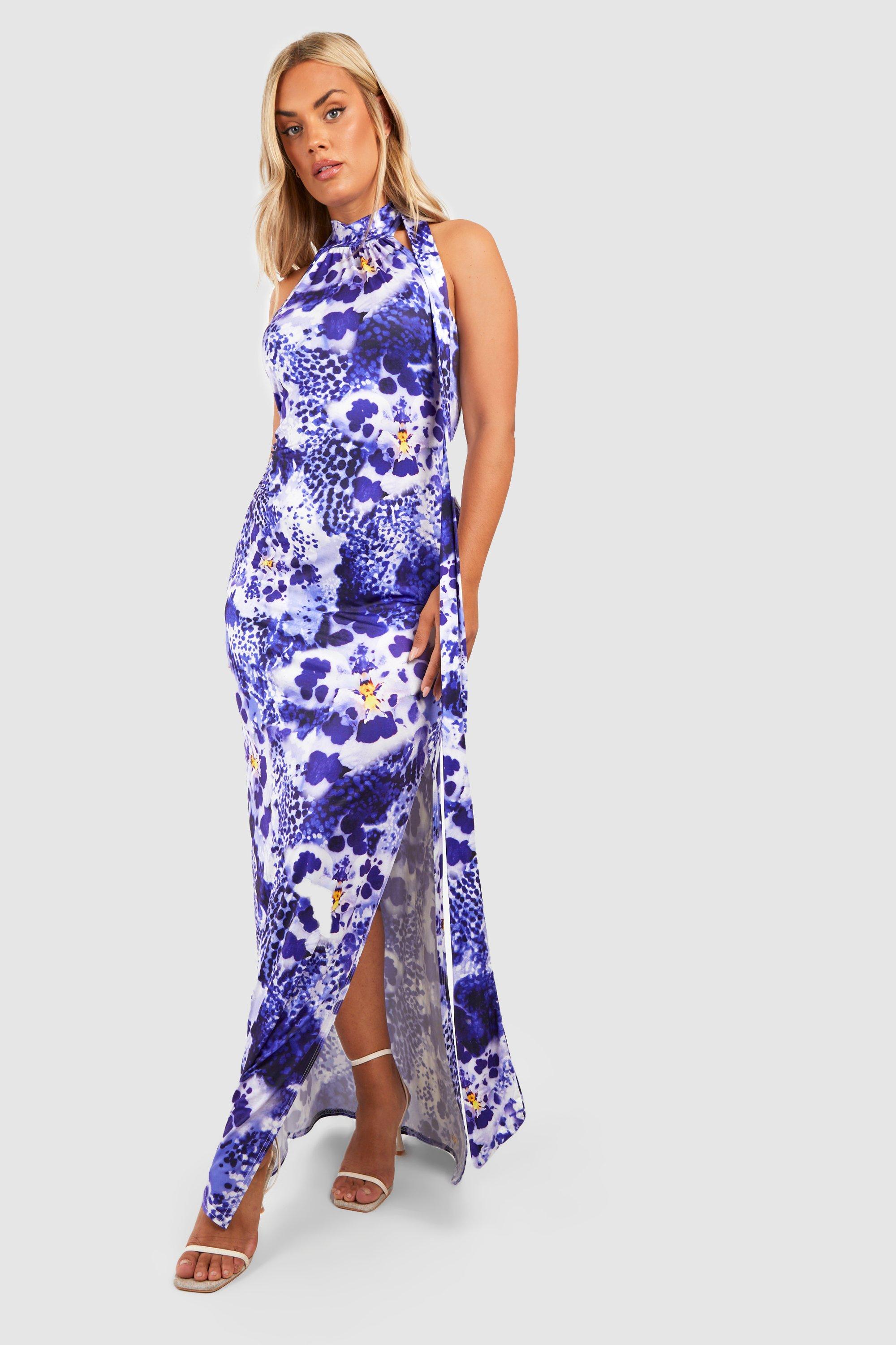 Plus Floral Slinky Halterneck Drape Detail Midaxi Dress
