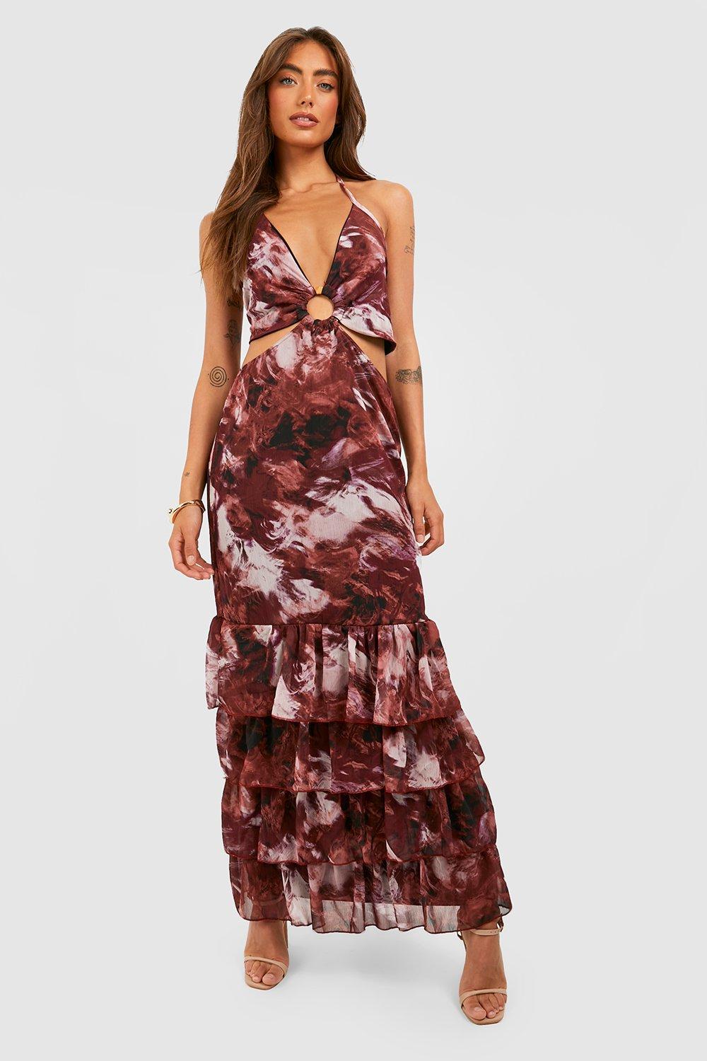 O Ring Rrinted Tiered Maxi Dress