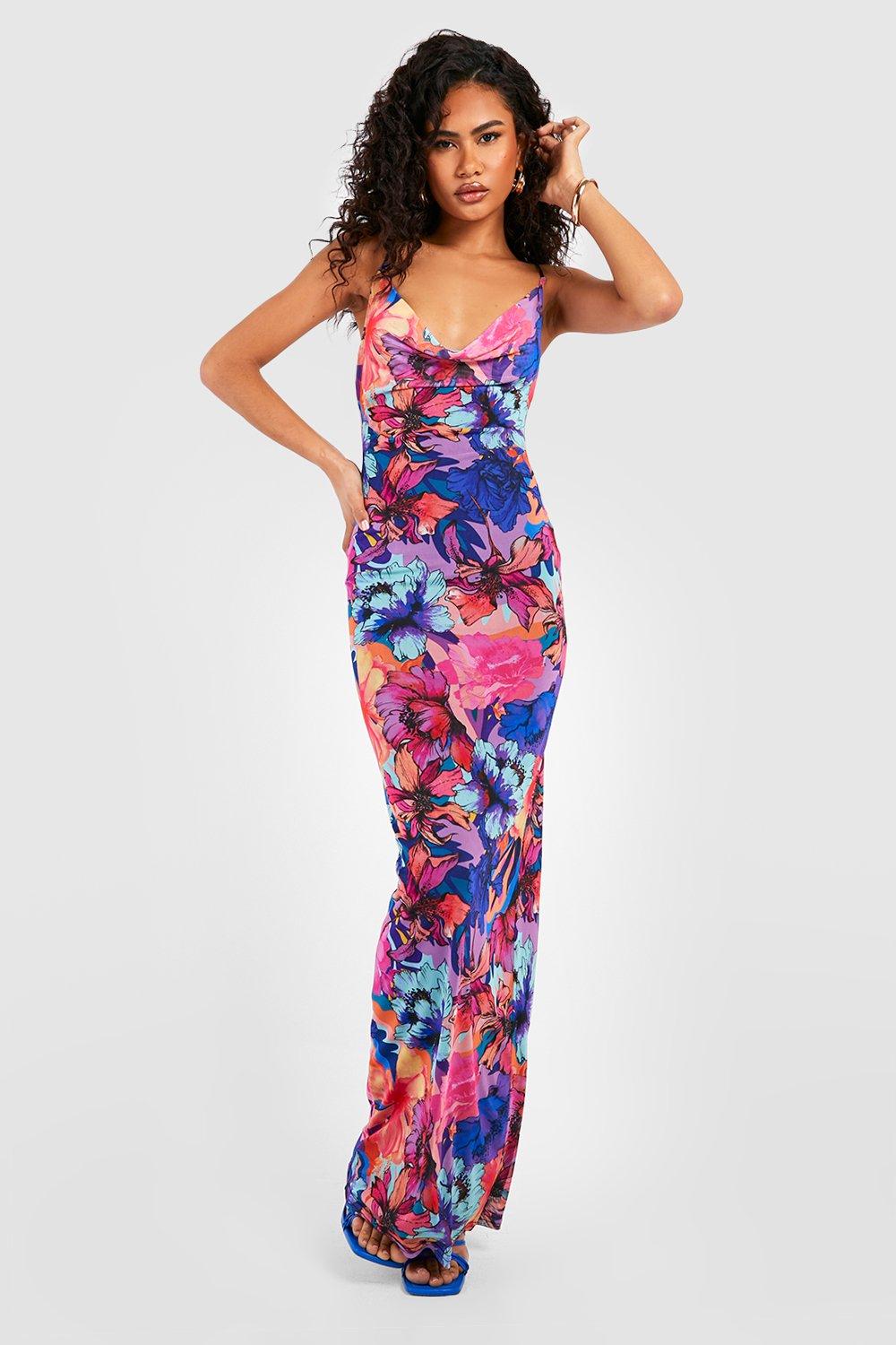 Strappy Floral Printed Mesh Maxi Dress