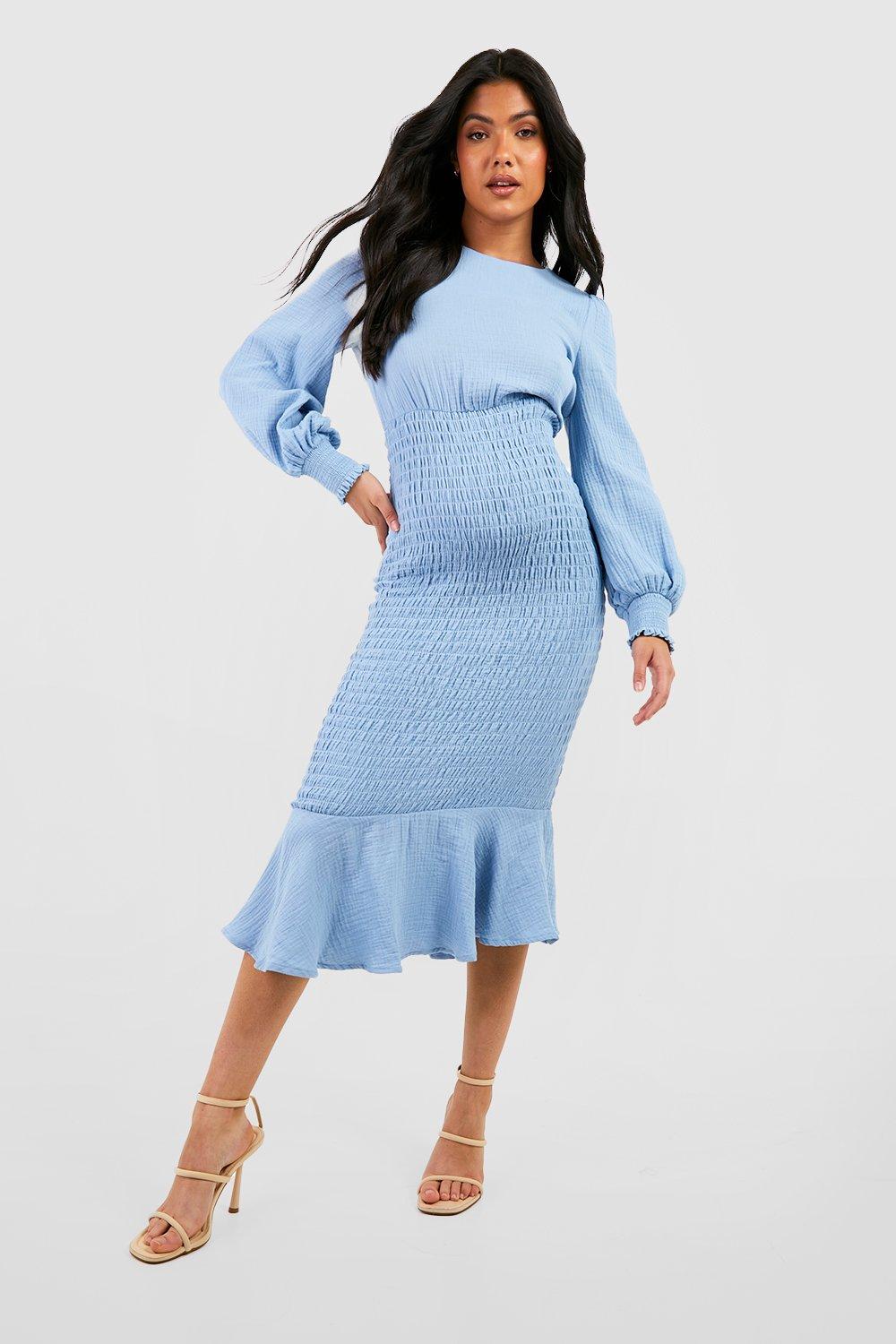 Maternity Textured Shirred Frill Hem Midi Dress