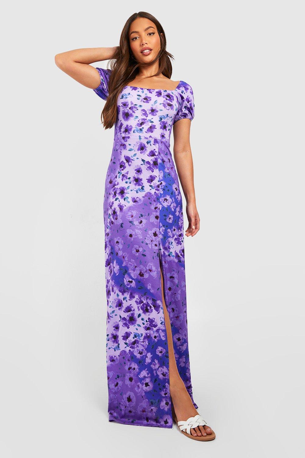 Tall Floral Puff Sleev Square Neck Split Side Maxi Dress